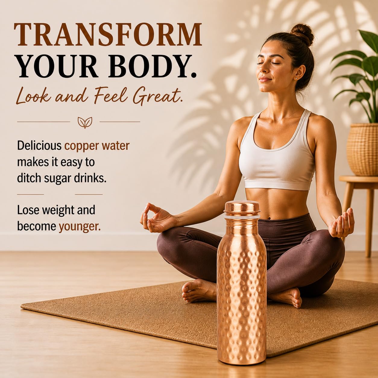 Bouteille d'eau en cuivre pur Fabriquée à la main Petite taille de 425 ml facile à transporter pour le sport, Finition en cuivre martelé naturel