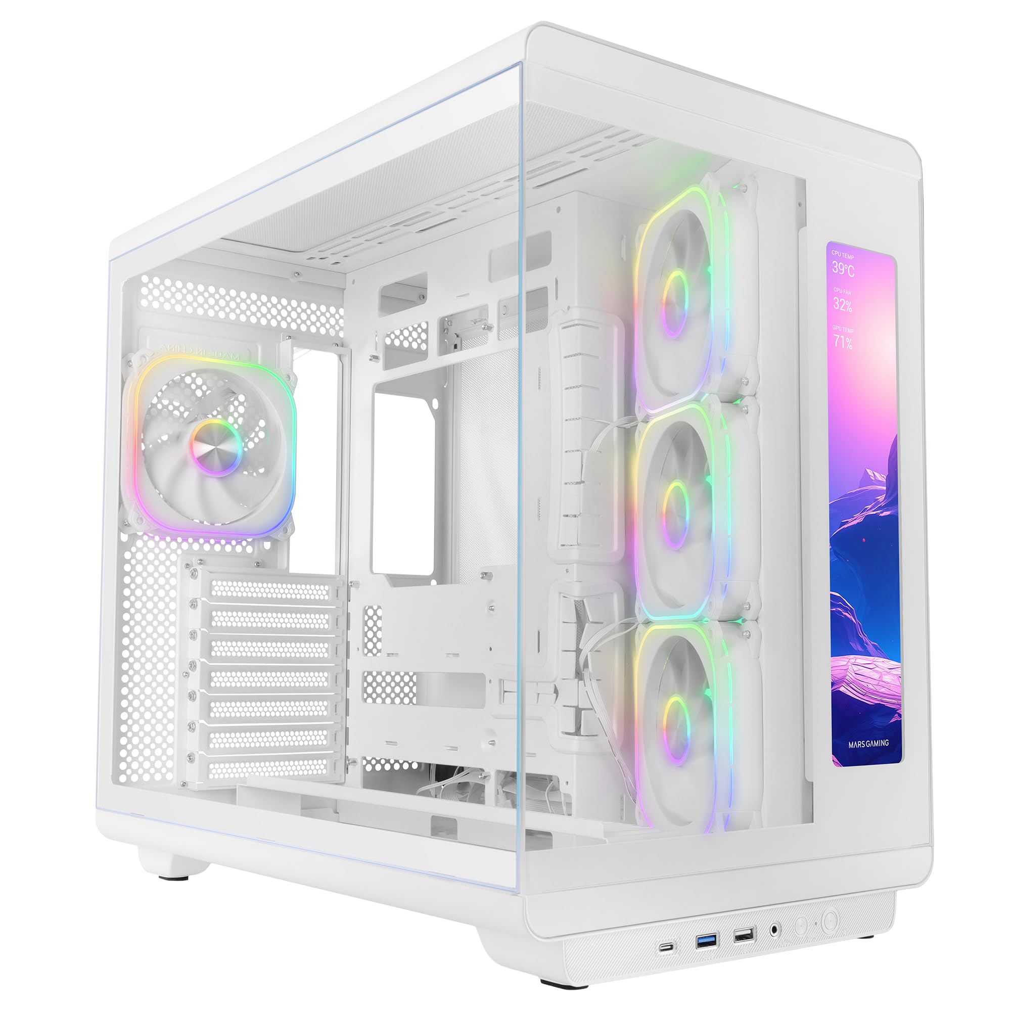 Mars Gaming MC-REVMAX, ATX PC Case, 11.8" IPS Display, Continuous Tempered Glass, 4 PWM ARGB Fans, Liquid Cooling up to 360mm, Compatible with Back-Connect Motherboards, USB-C, White