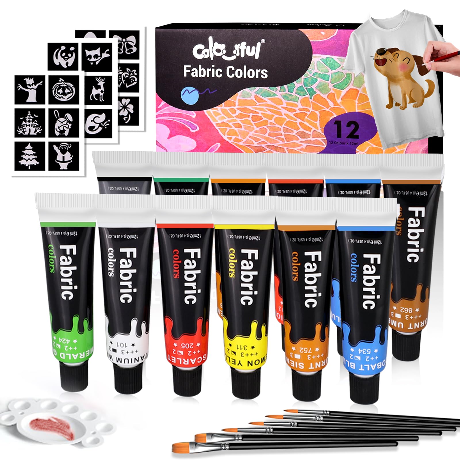 Colorful Fabric Paint Set for Clothes 12 Colors - Permanent Textile Paint Kit for Shoes, Canvas - Non-Toxic Slick Painting Set for Adults, Beginner & Artists