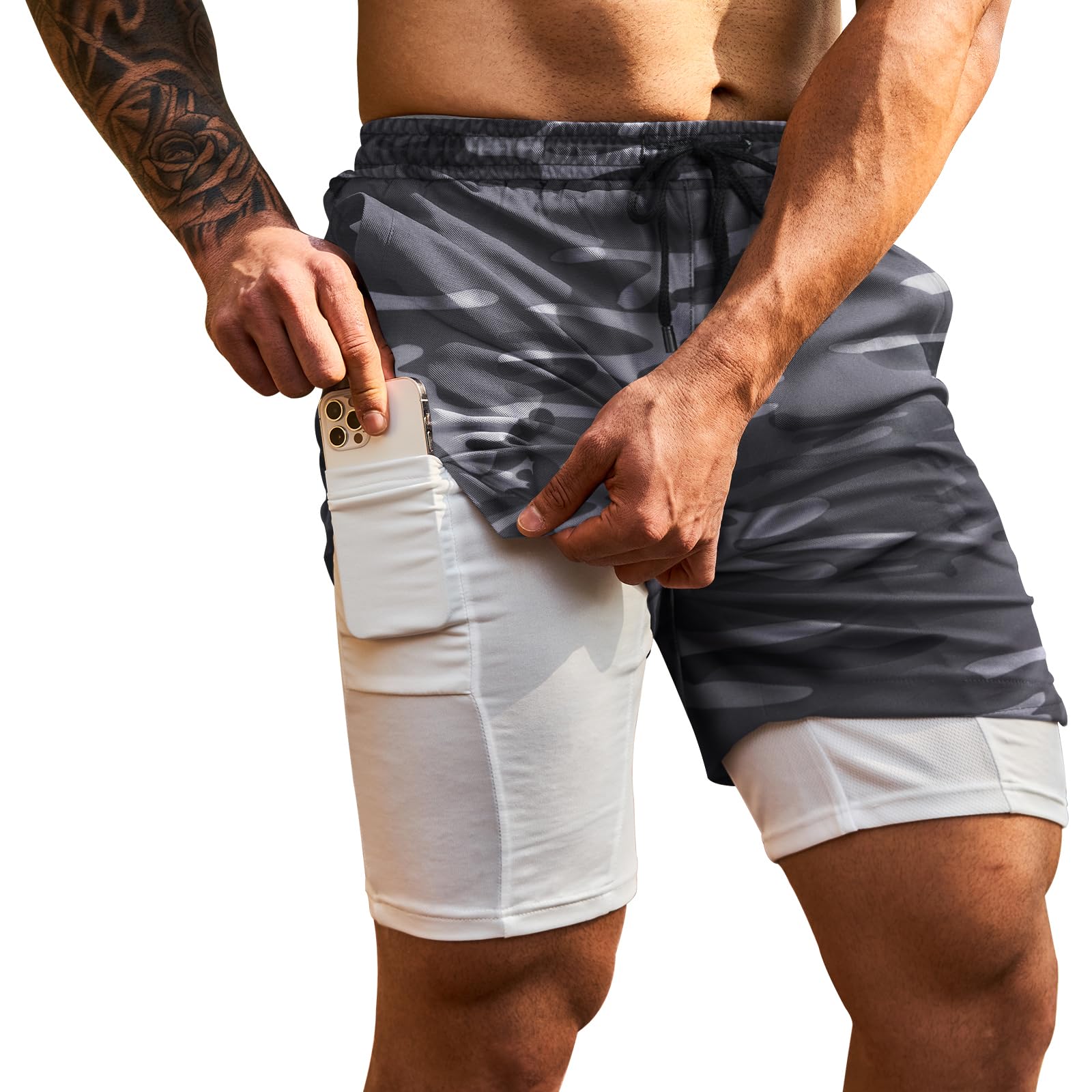 LBL Men's Running Shorts 2 in 1 Gym Training Shorts Quick Dry Sports Shorts Athletic Shorts with Zipper Pockets