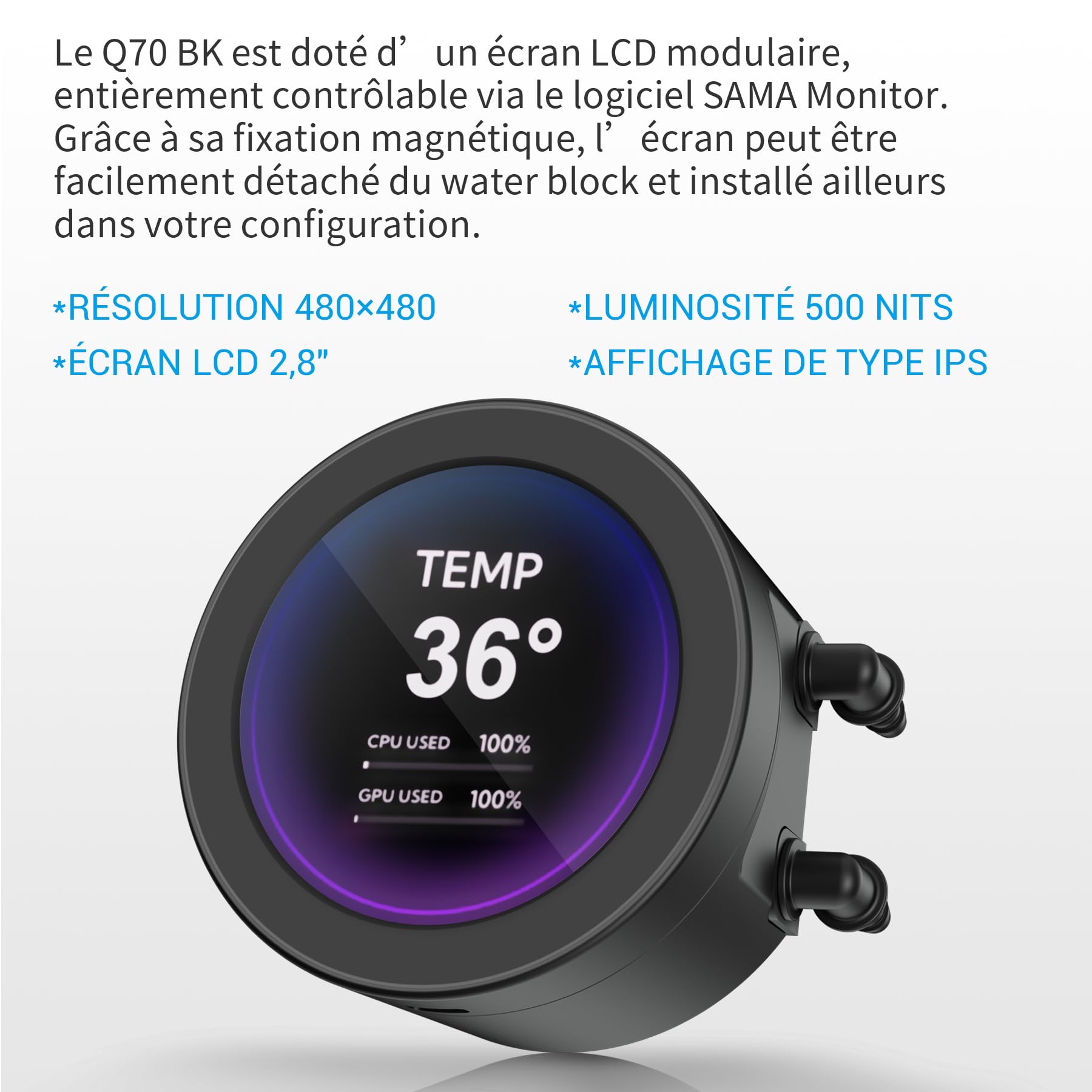 SAMA Q70 Disipador de CPU AIO de 360 ​​mm con pantalla LCD de 2,8", extraíble magnéticamente,ventiladores modulares XT120, aspas LCP, soportes adicionales, 115X, 2011, 1200, 1700, 1851, AM4, AM5 negro