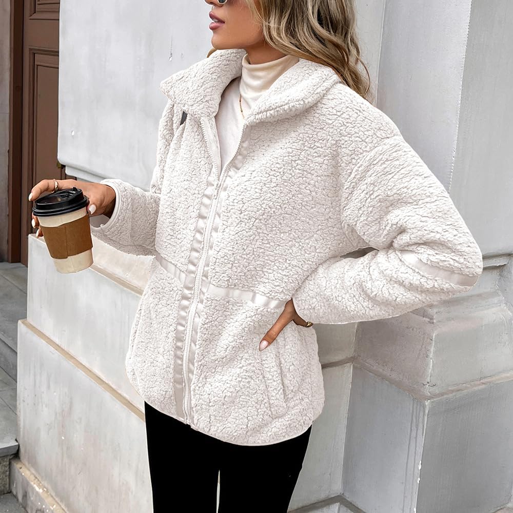 Women's Fleece Zip Up Sherpa Jacket Casual Stand Collar Patchwork Quilted Teddy Coat with Pockets - Image 4