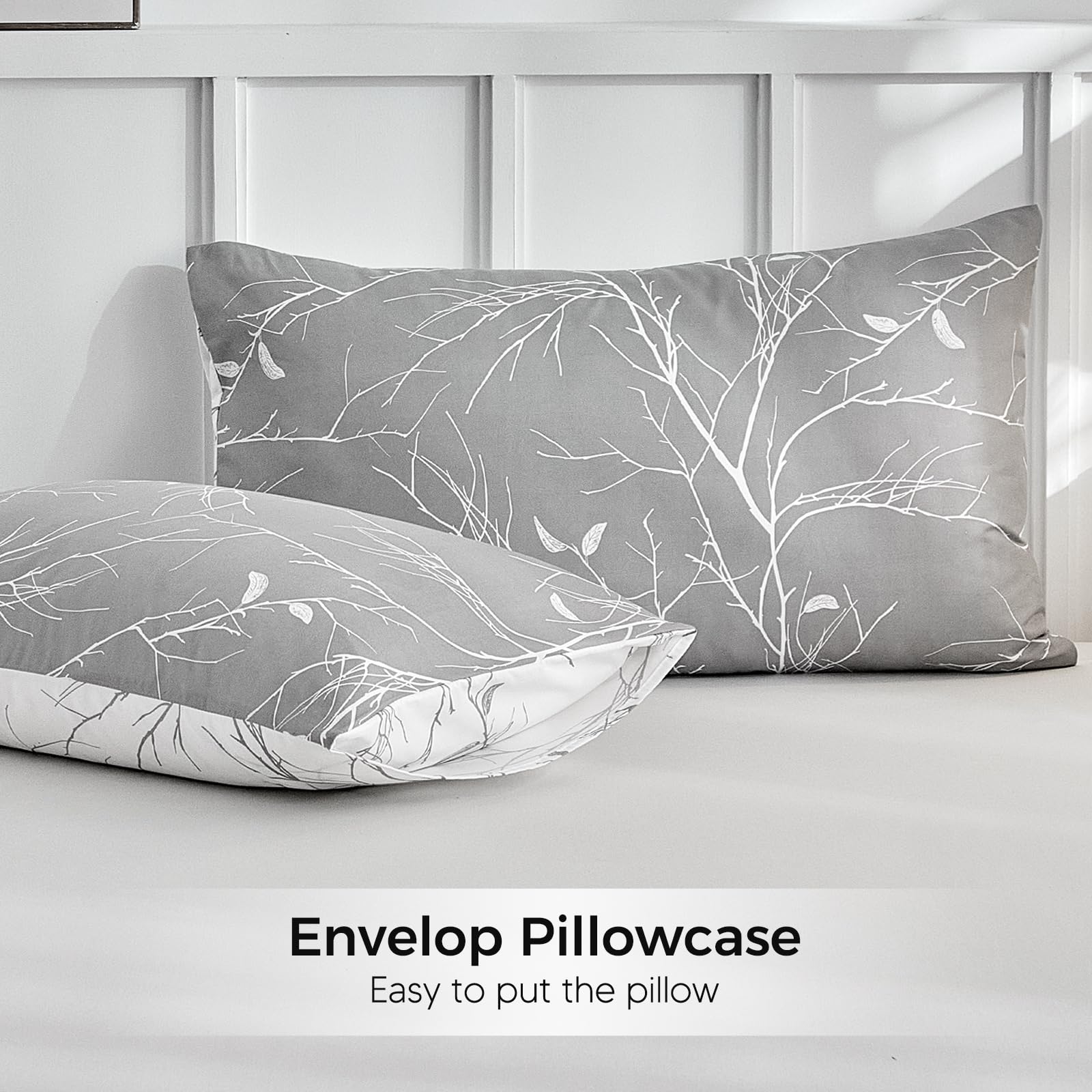 Tokokimo Parure de Lit 160 x 200 4 Pièces Housse de Couette 240x220 cm + Drap Housse 160 x 200 cm avec 2 taies d'oreillers 65x65 cm 240x220 Parure Motifs de Branches et de Feuilles en Microfibre