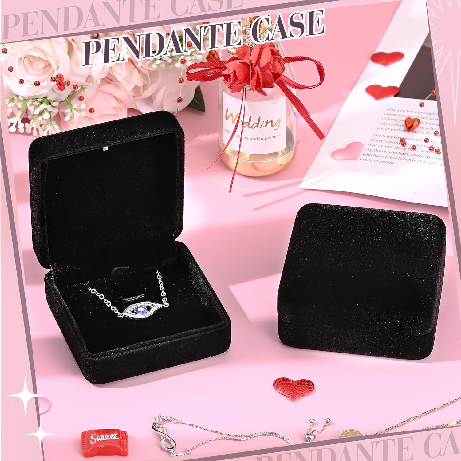 Yinkin 12 Pcs Black Velvet Jewelry Boxes LED Light Display Ring Necklace Bracelet Chain Gift Box Bulk Wedding Proposal Anniversary(Small Pendant Box,Square) - Image 4