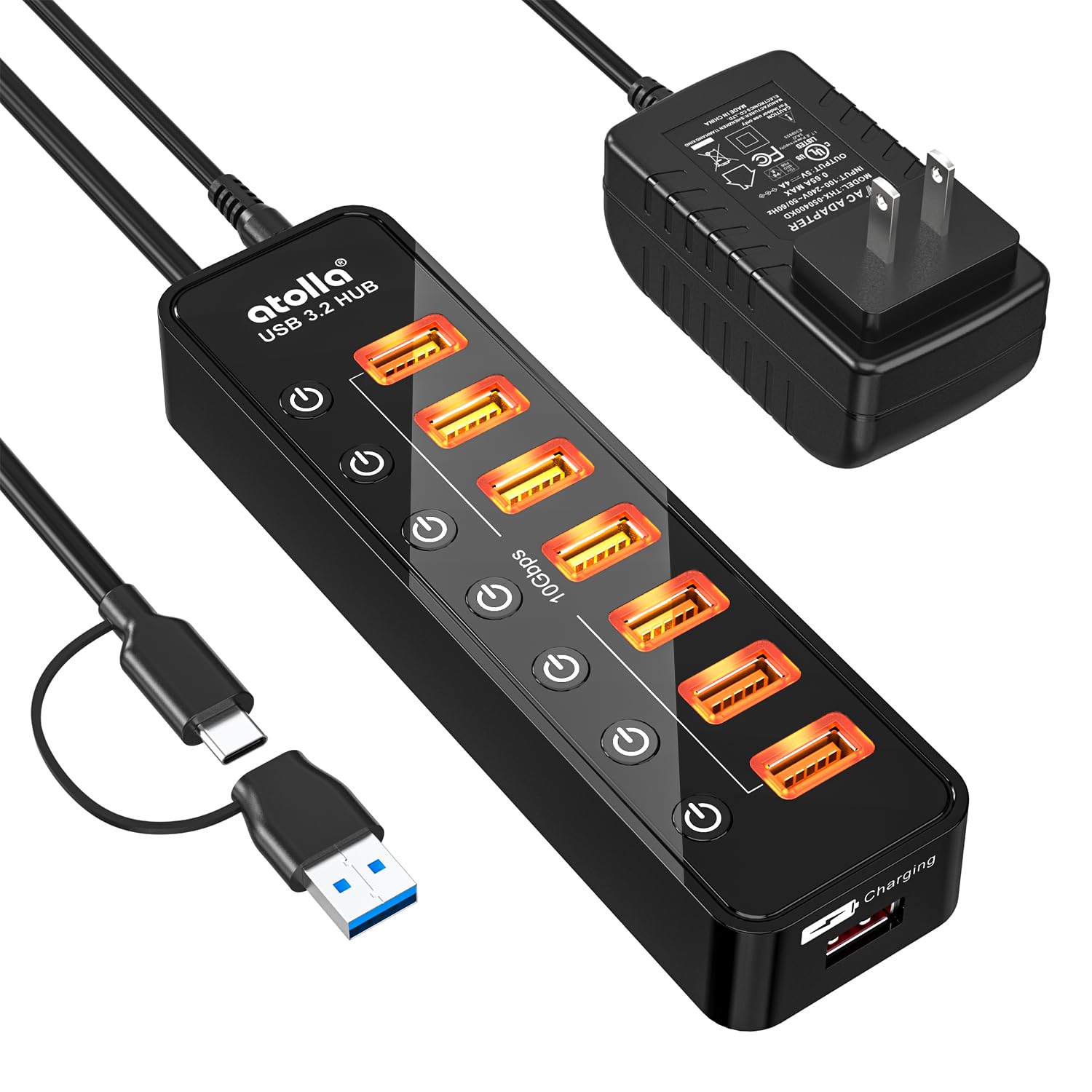 atolla - Hub USB 3.2, 8 porte USB 3.2, con 7 porte USB-A 10 Gbps + 1 porta di ricarica intelligente, interruttore on/off individuale, LED, alimentatore di rete da 20 W per PC/laptop, unità flash