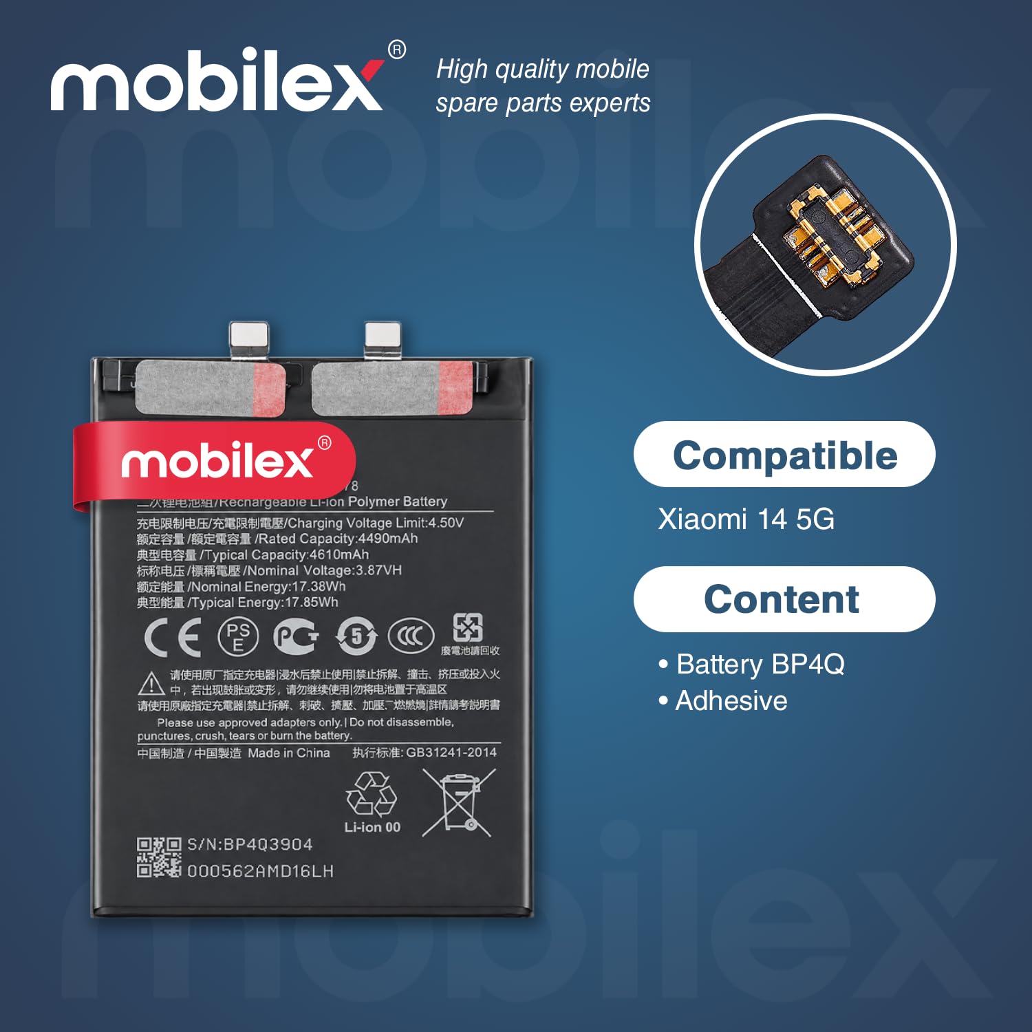 MOBILEX® Batería BP4Q para Xiaomi 14 5G | Carga Rápida 90W | 4610mAh - OEM | Interna Repuesto con Adhesivo | Capacidad Original