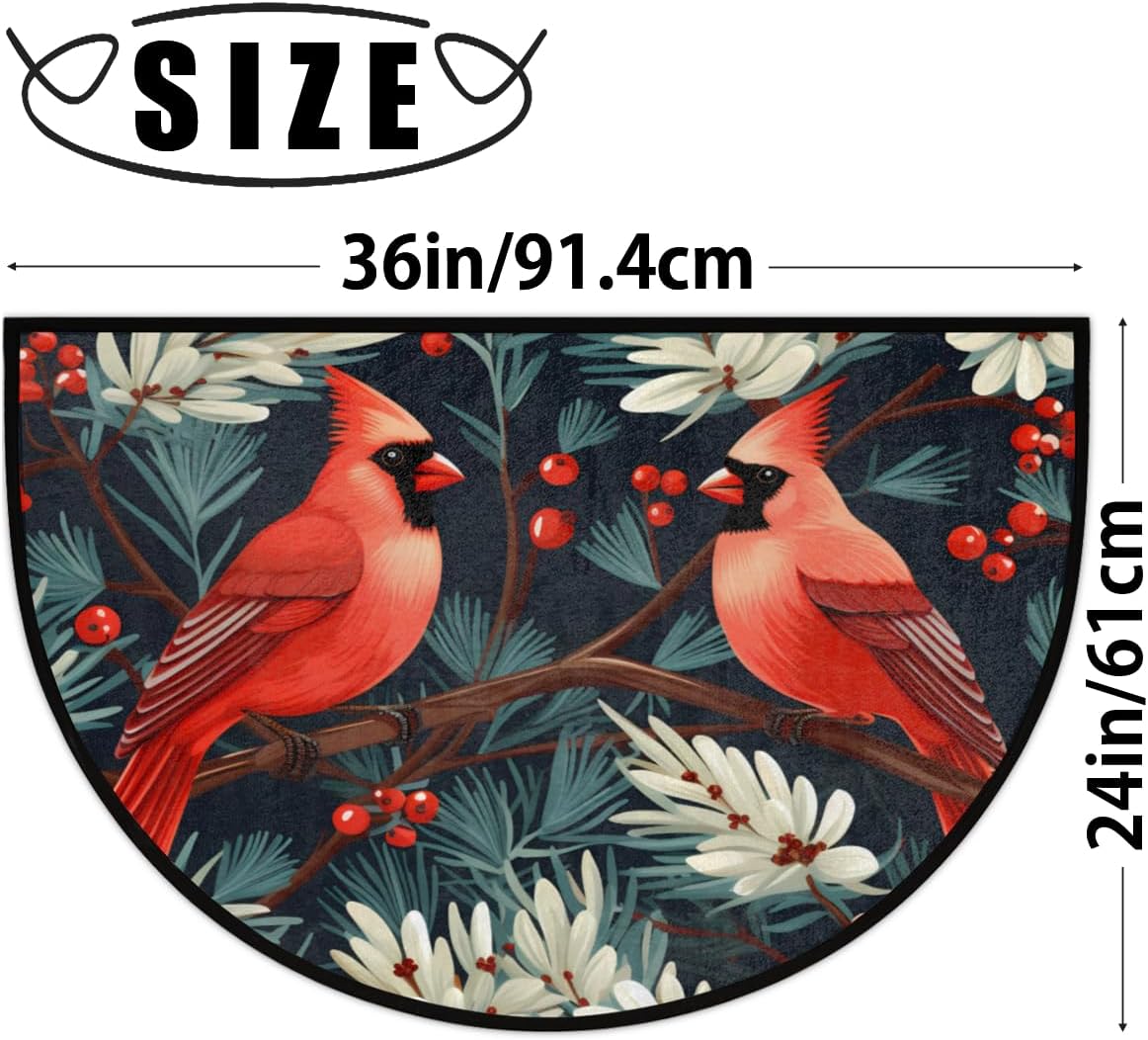 Half Round Door Mat Christmas Red Birds Berry Entryway Rug Non-Slip Welcome Mat Indoor Outdoor Absorbent Resist Dirt Floor Rug Low-Profile Carpet for Bedroom Patio Front Door Kitchen