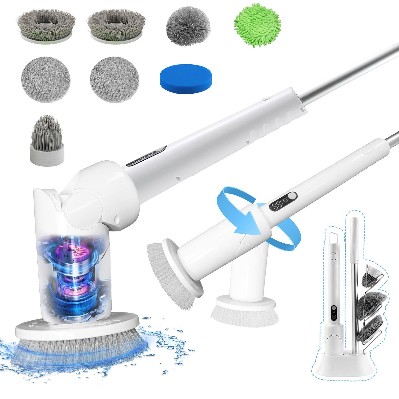 Beny Electric Spin Scrubber, 2024 New Shower Scrubber with Long Handle, Cordless Cleaning Brush with 8 Replaceable Brush Heads, 2 Speeds Floor Scrubber, Spin Brush for Bathroom Tub Tile Floor Car