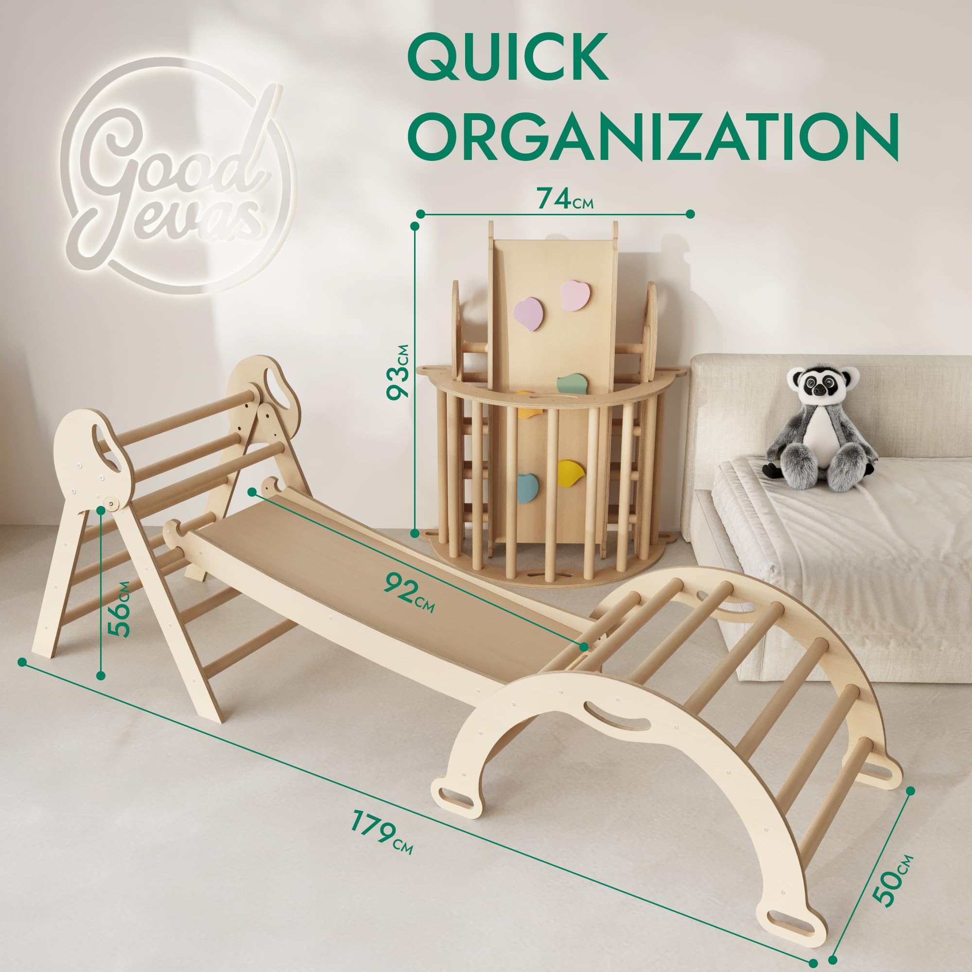 Goodevas Montessori zestaw rusztowań wspinaczkowych 5 w 1: do wnętrz, trójkąt wspinaczkowy, łuk wspinaczkowy z poduszką i zjeżdżalnią dla dzieci, plac zabaw dla dzieci w wieku 1-3 lat