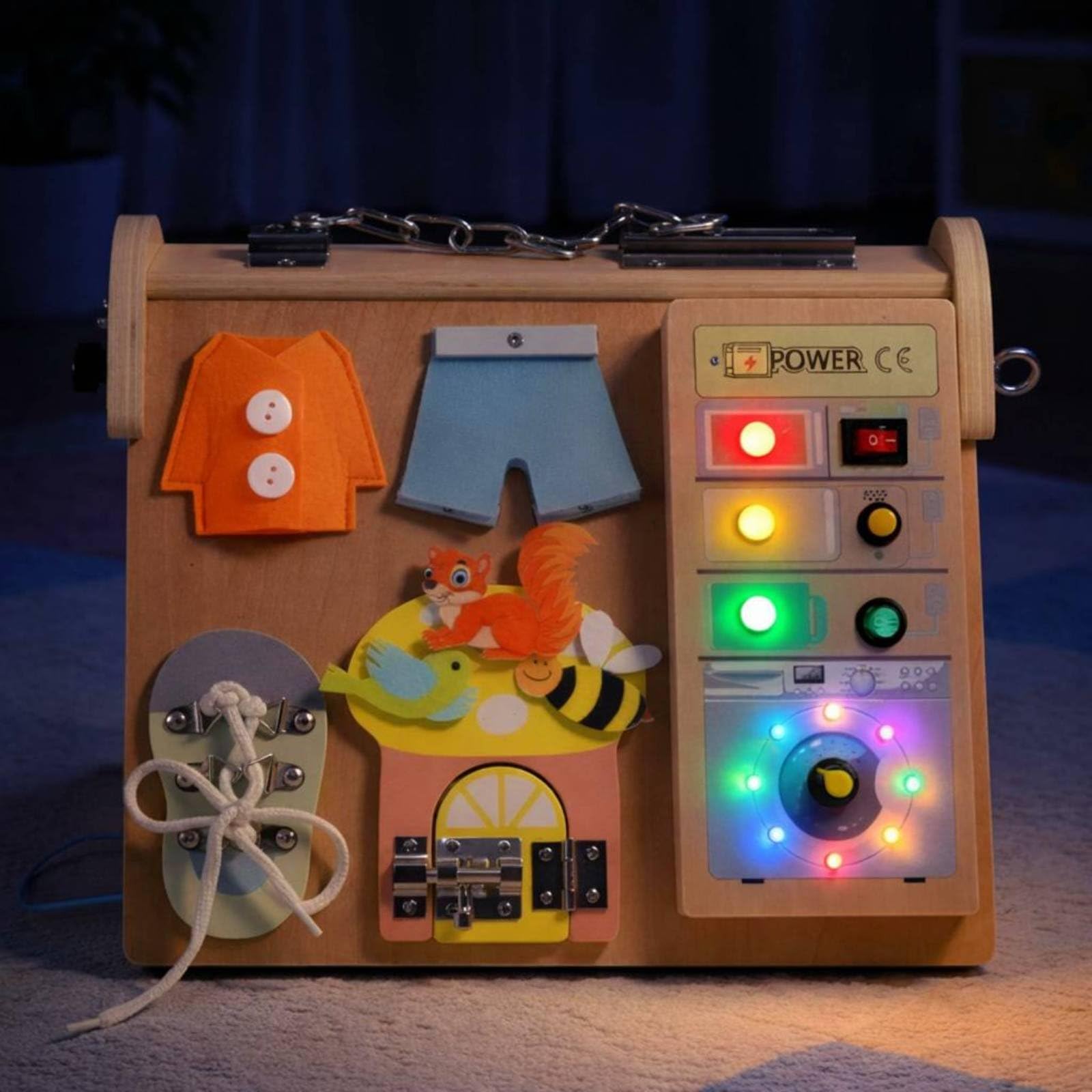 kowaku Children Learning Board Tavola Didattica Bambini Pannello Attività Gioco Educativo Portatile in Legno con LED per Attività di Interruttori E Leve