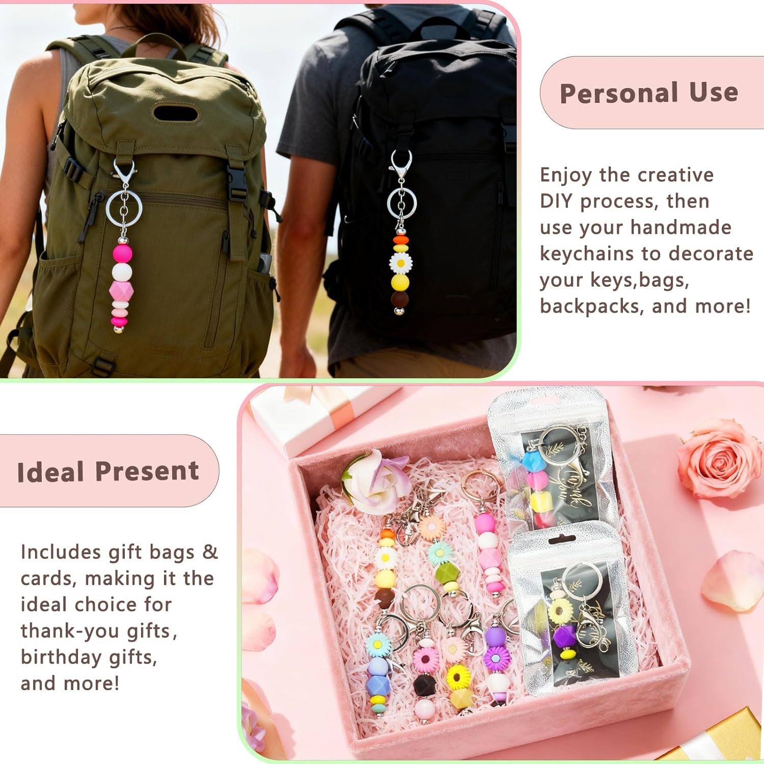 LOIKMIUP 124 Pcs Beadable Keychains Bar Kit - 12 Pcs Beaded Key Chain Bars Bulk with Silicone Beads, Spacer Beads, Resealable Bags & Thank-You Cards for DIY Beaded Keychain Charms for Woman Man - Image 5