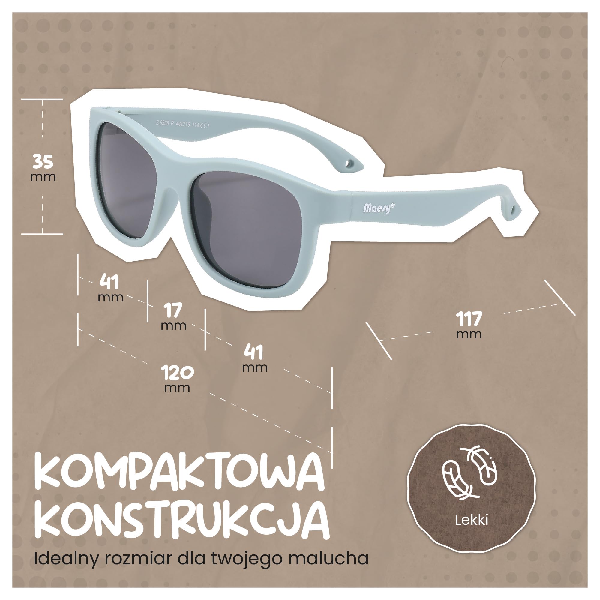 dziecięce okulary przeciwsłoneczne Luca - 1-3 lata - elastyczne - regulowana gumka - ochrona polaryzacyjna UV400 - maluch i przedszkolak - chłopcy i dziewczynki - kwadratowe