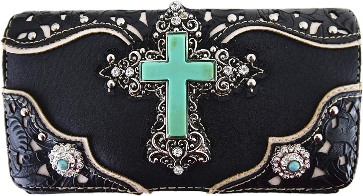 Tooled Leather Laser Cut Cross Western Purse Single Shoulder Bag Clutch Women Blocking Wristlets Wallet