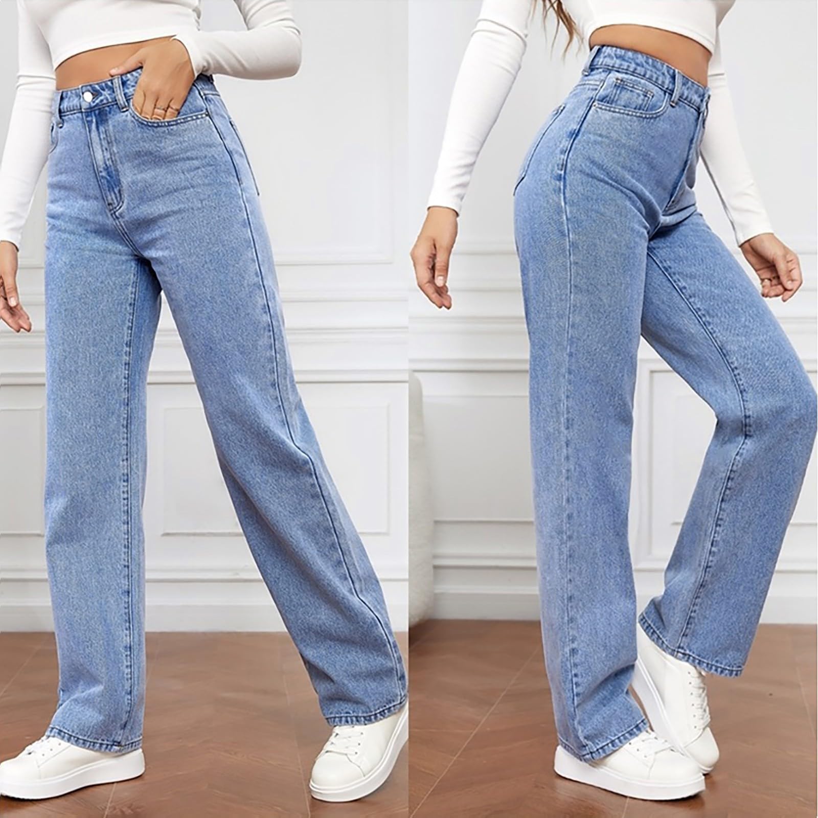 Générique Jean Femme Taille Haute Coupe Droite Straight Jeans Baggy Jambes Larges amincissantes avec Tous Les Pantalon Automne Hiver Elastique Classique en Denim Jean Coupe Boyfriend