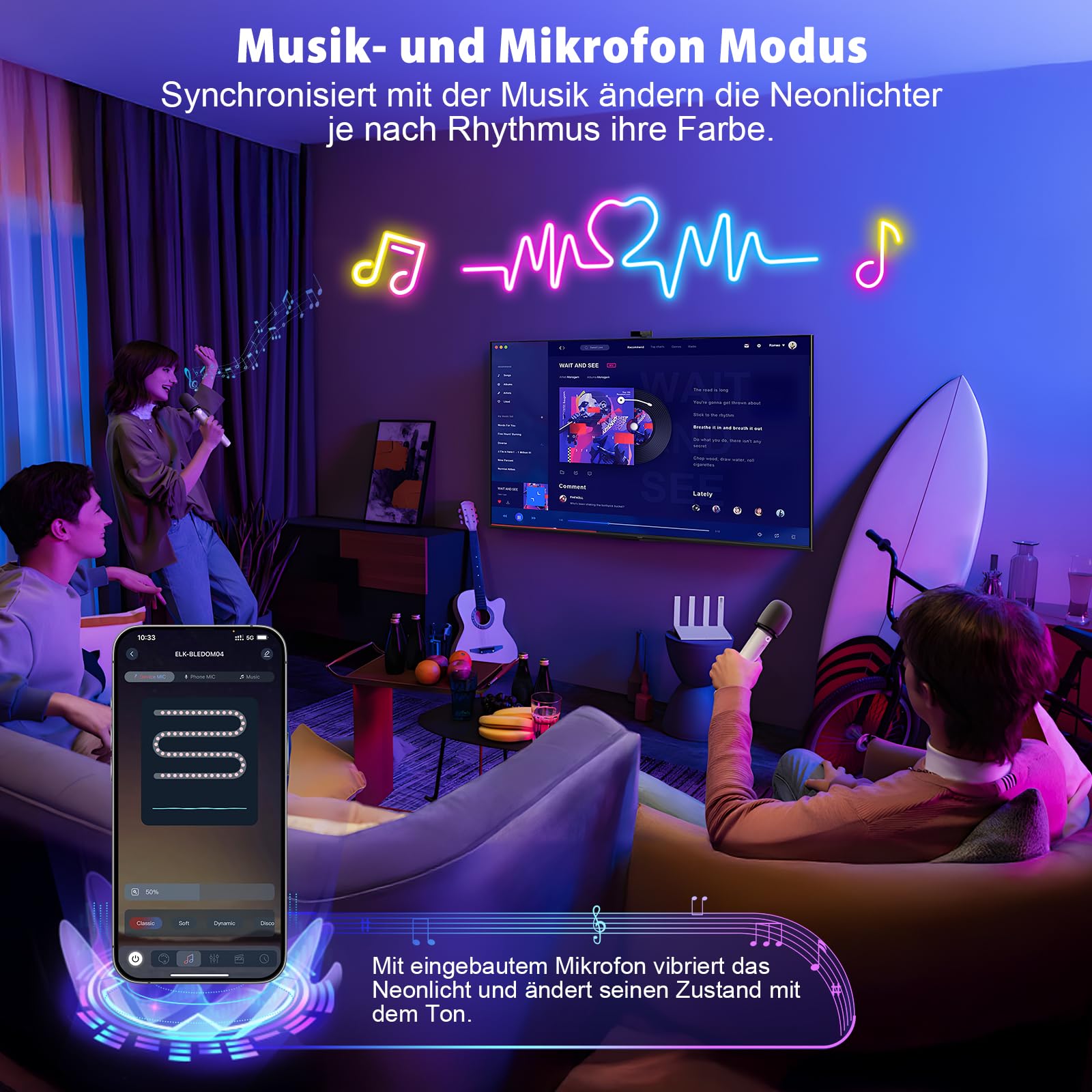 Striscia LED al neon RGBIC, 5 m, effetto arcobaleno, con telecomando app, IP65, impermeabile, flessibile, 24 V, tubo luminoso per musica, fai da te, per stanze, pareti, giochi