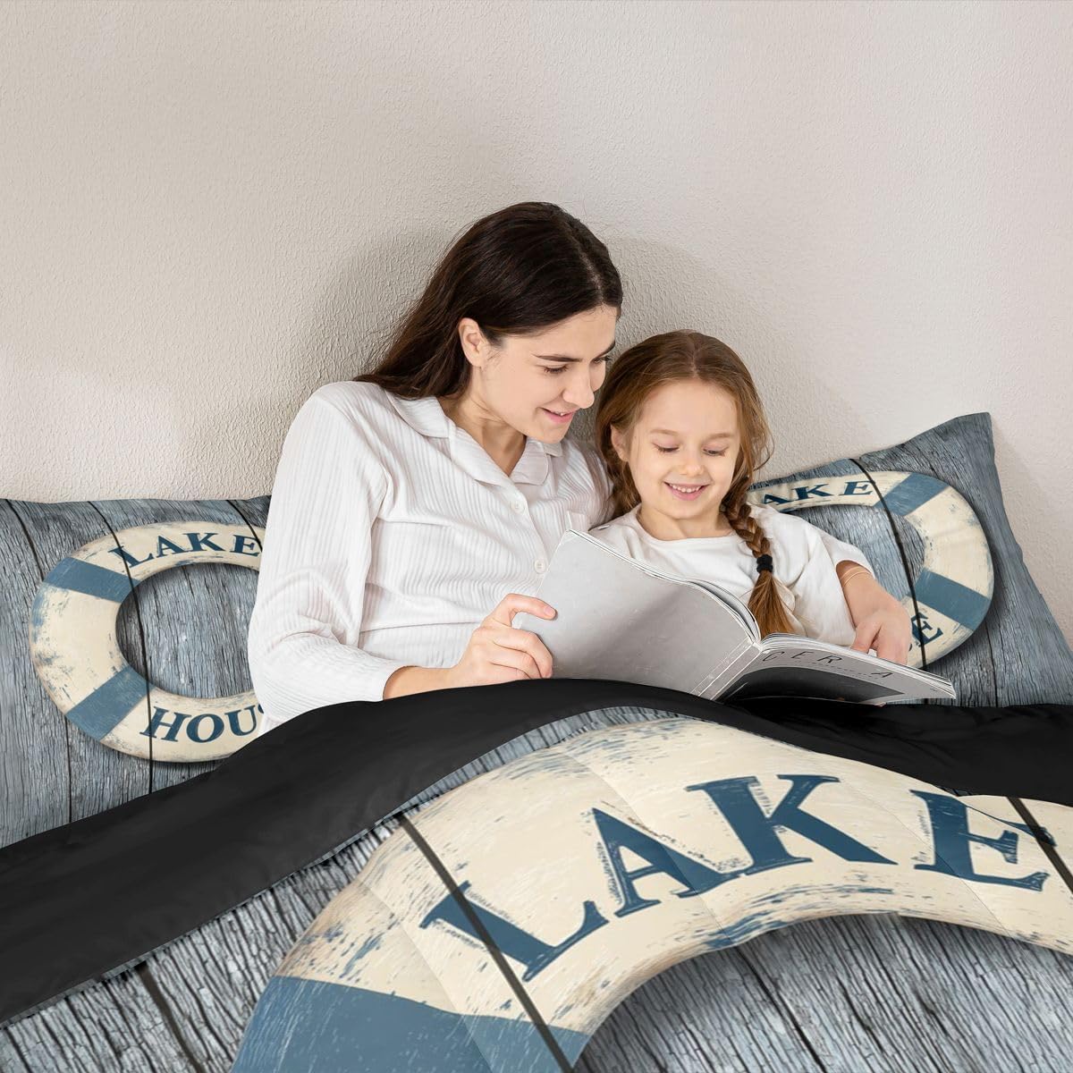Erosebridal Life Buoy Quilt White Ocean Bedding Set for Adults Women,Vintage Light Teal Lodge Cabin Wood Queen Comforter Set Lake Decor,Rustic Farmhouse Decor Lake House Gifts