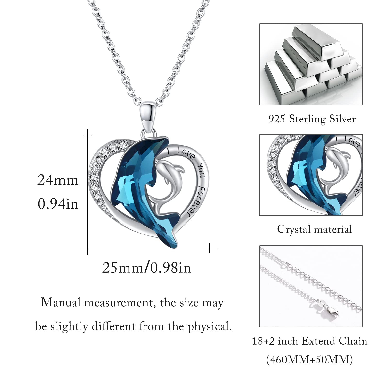 REDSUN Collar de plata de ley 925 con diseño de delfín en forma de corazón para mujer, collar de cristal azul con circonita, elegante colgante de regalo para mujeres, niñas, esposas, regalo para el