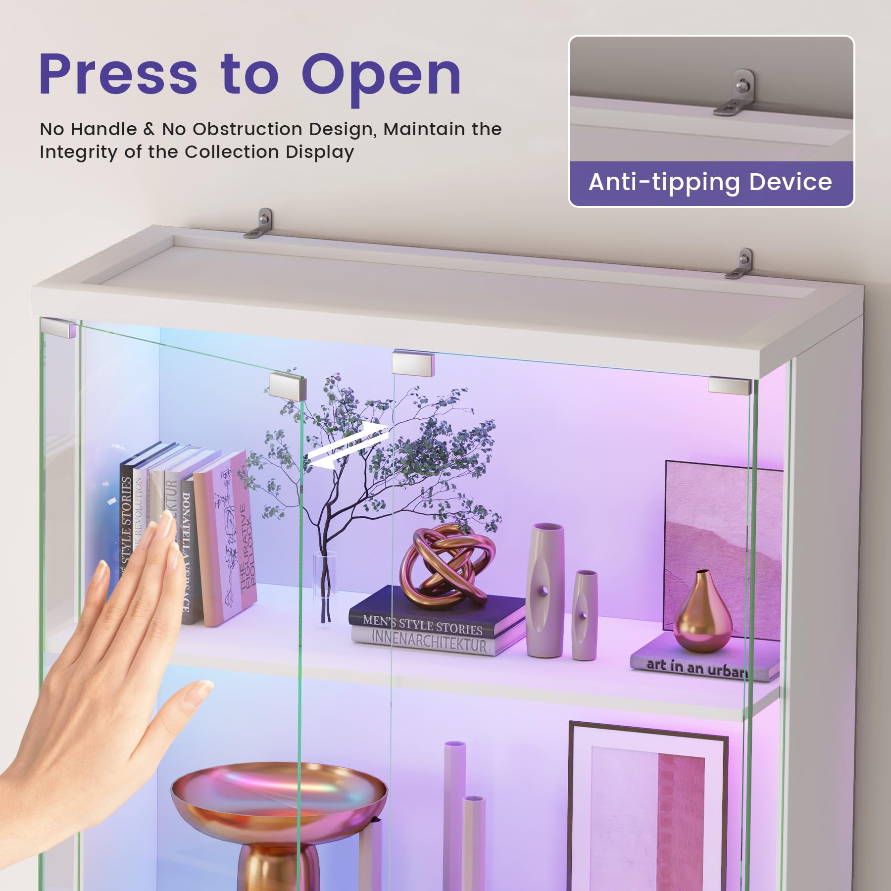 TAGELIER 175cm Glasvitrine mit RGB LED, 5 Ebenen Vitrine für Sammlerstücke & Figuren, abschließbarer Vitrinenschrank für Bücher, Weiß