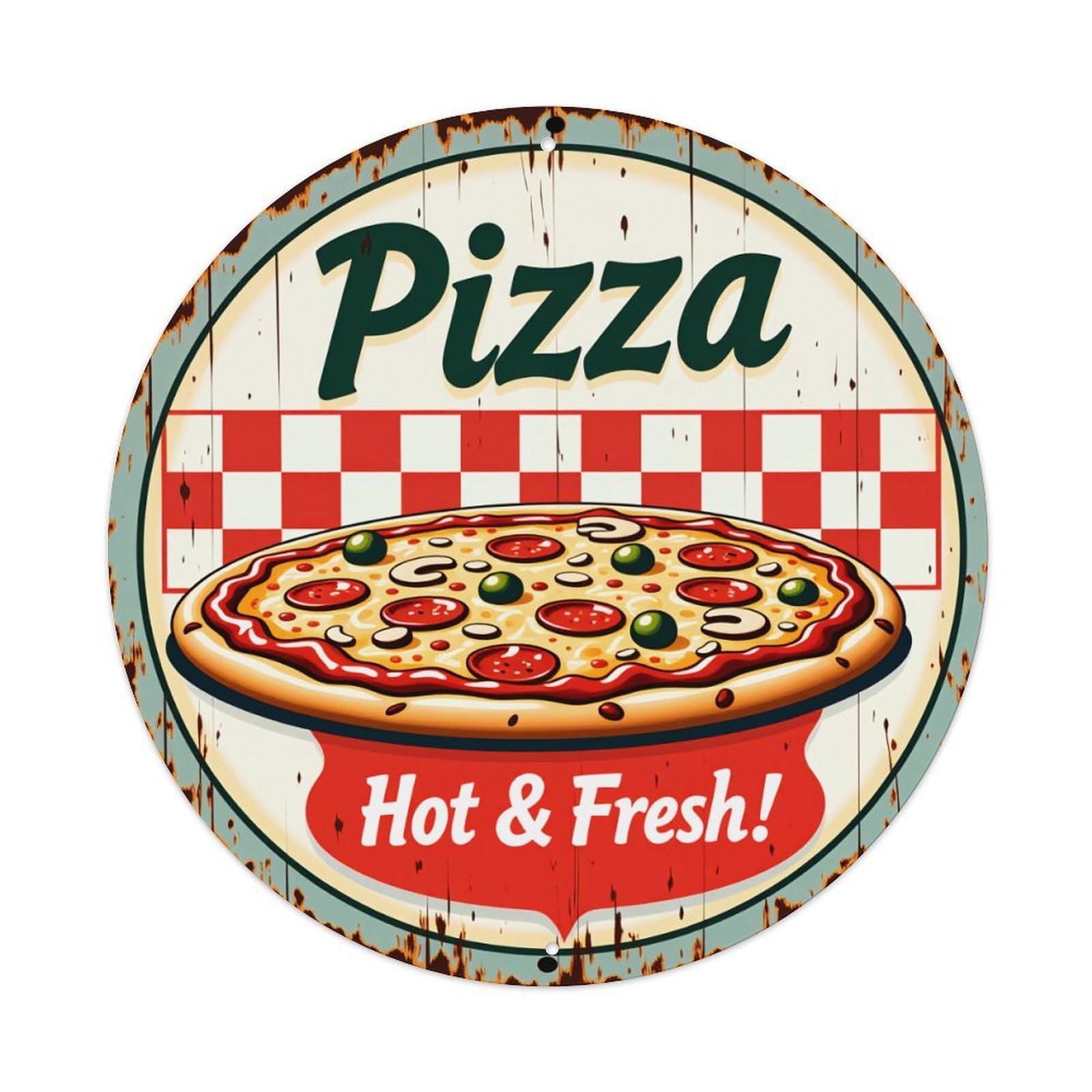 Pizza Hot Fresh Checkered Rustic Round Tin Sign Vintage Style Metal Sign Home Bar Garden Wall Plaque Decor Metal Poster 8x8 Inch