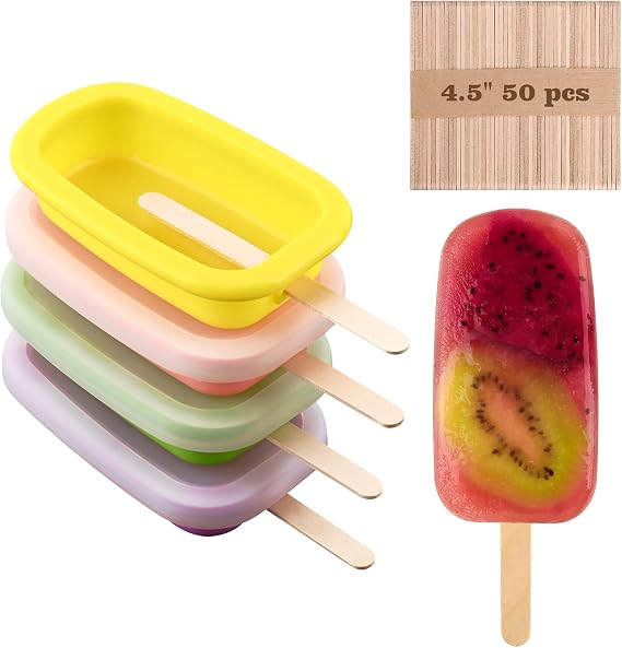 4 Pcs Silicone Popsicle Molds with Lid & 50 Pcs Wooden Popsicle Sticks, Stackable Classic Oval Ice Cream Molds for Homemade Ice Pop, Cakesicles, Freezer Yogurt and Fruit Juice (Multicolor)