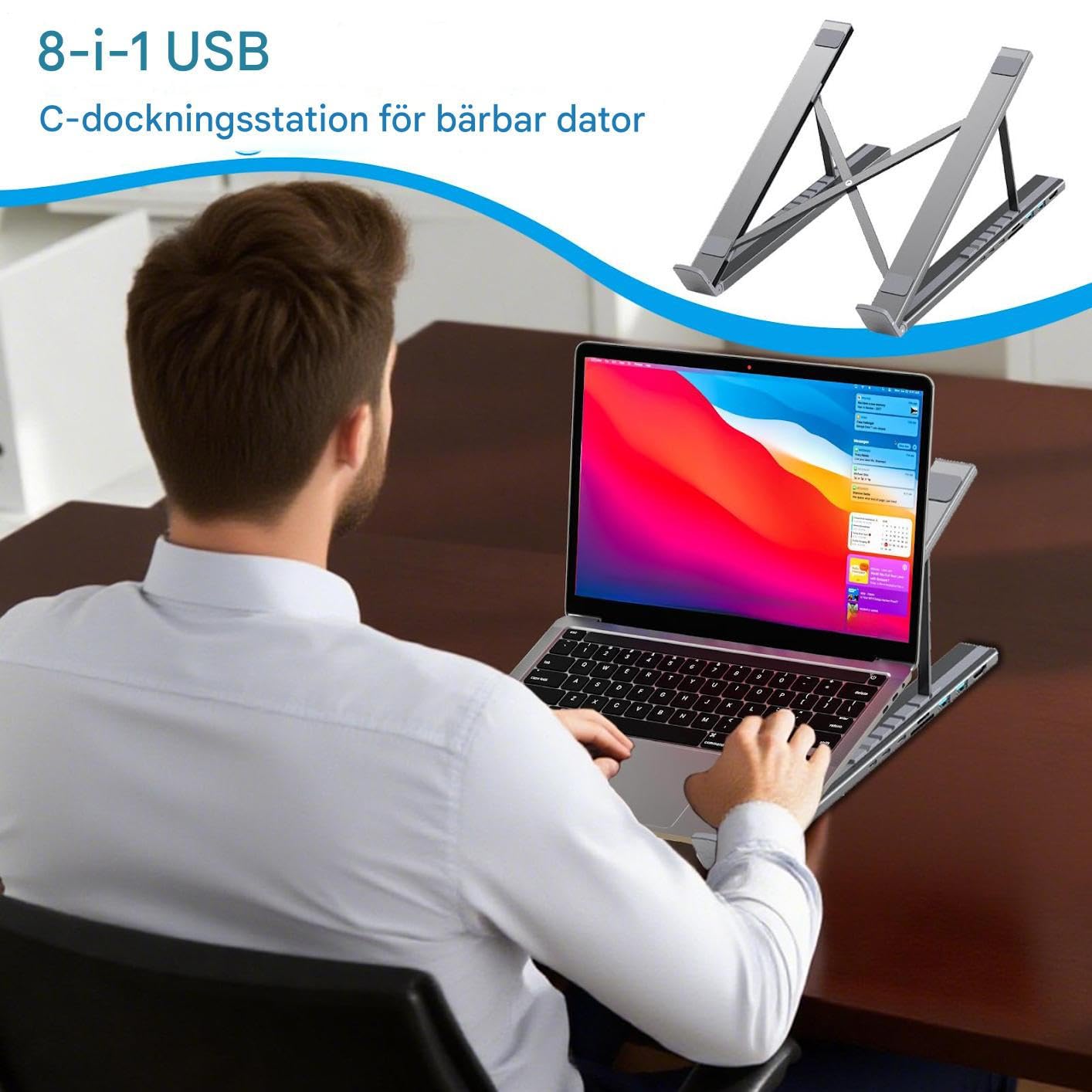 Base Para Portátil Con Puertos USB Hub USB C 8 en 1 con Refrigeración y | Soporte Ergonómico para Portátil Para Ordenador Portátil Tablet Computadora de