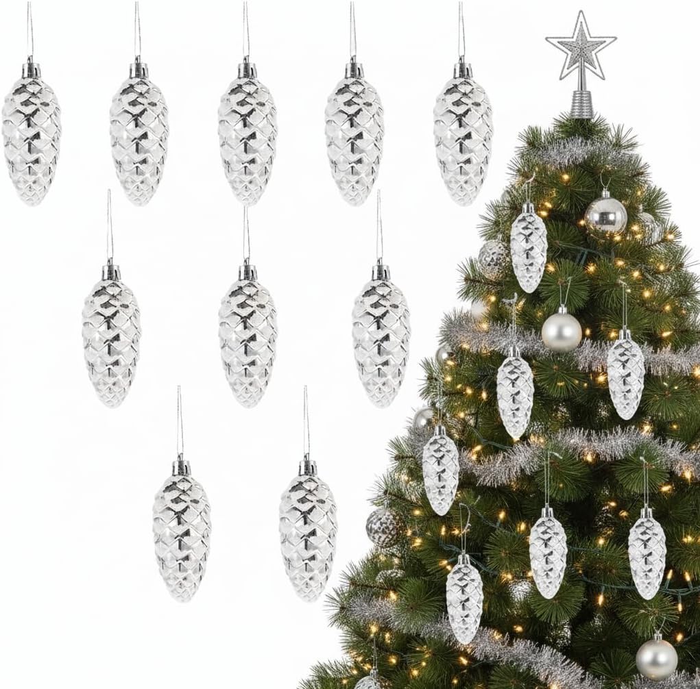 Housoutil Christmas Pine Cones Pendant, 10pcs Silver Pinecone Hanging Decors, Xmas Tree Pendants for DIY Crafts Home Seasonal Holiday Wedding Party