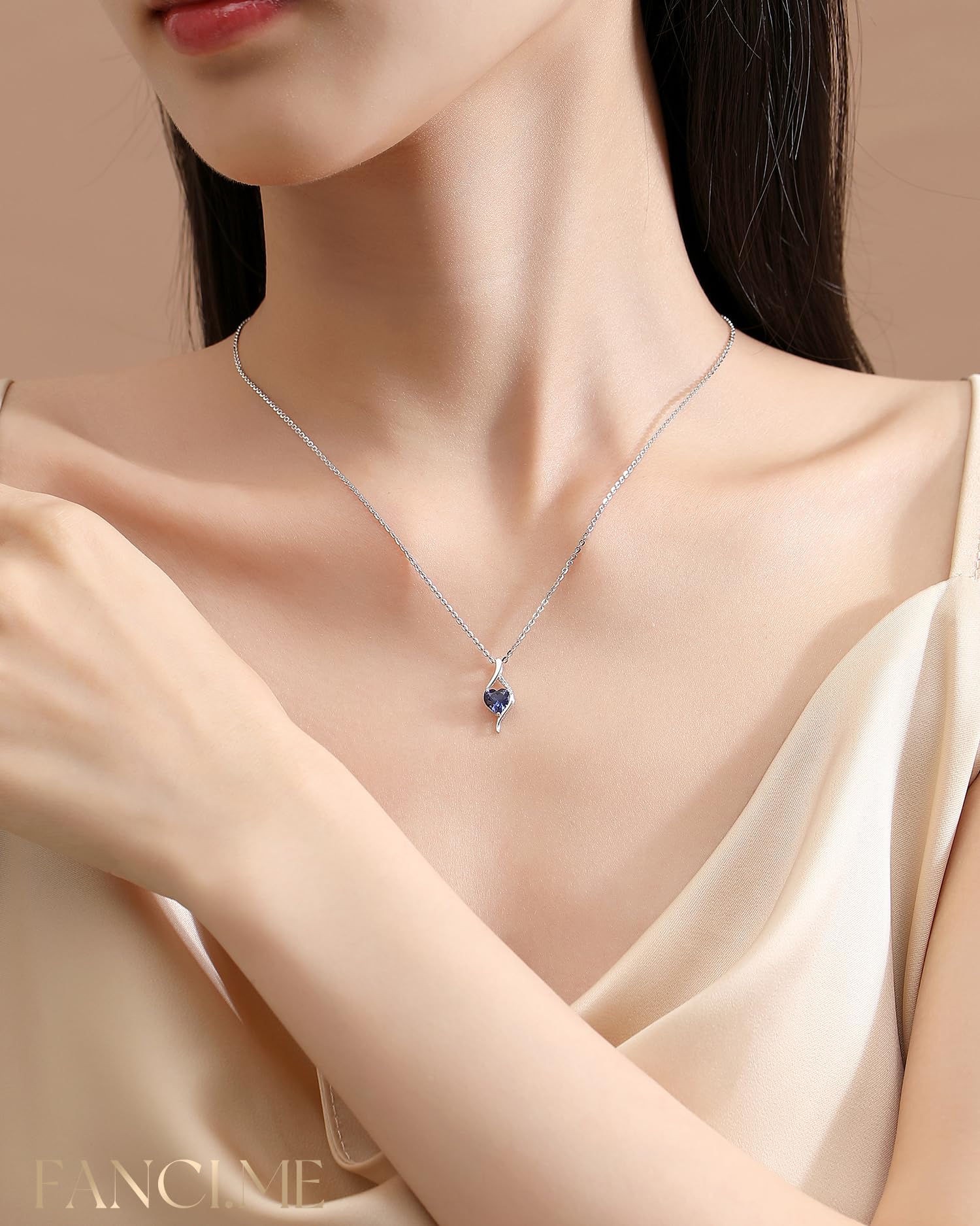 FANCIME 14K Solid White Gold Birthstone Necklace Genuine or Created 6mm Heart Gemstone Pendant with Lab Grow Diamonds Sterling Silver Chain Fine Jewelry Anniversary Birthday Gifts for Women 16" + 2": Sep-Sapphire