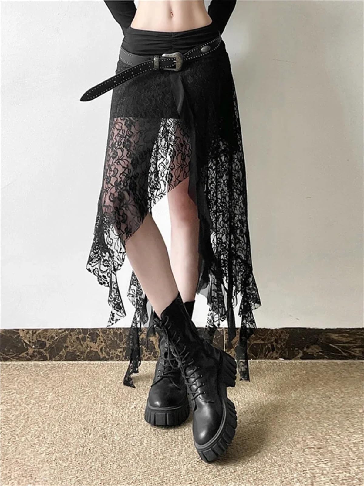Falda Gótica Falda Larga Irregular de Encaje Estilo gótico con Dobladillo de Cinta, Faldas fluidas, estética Vintage