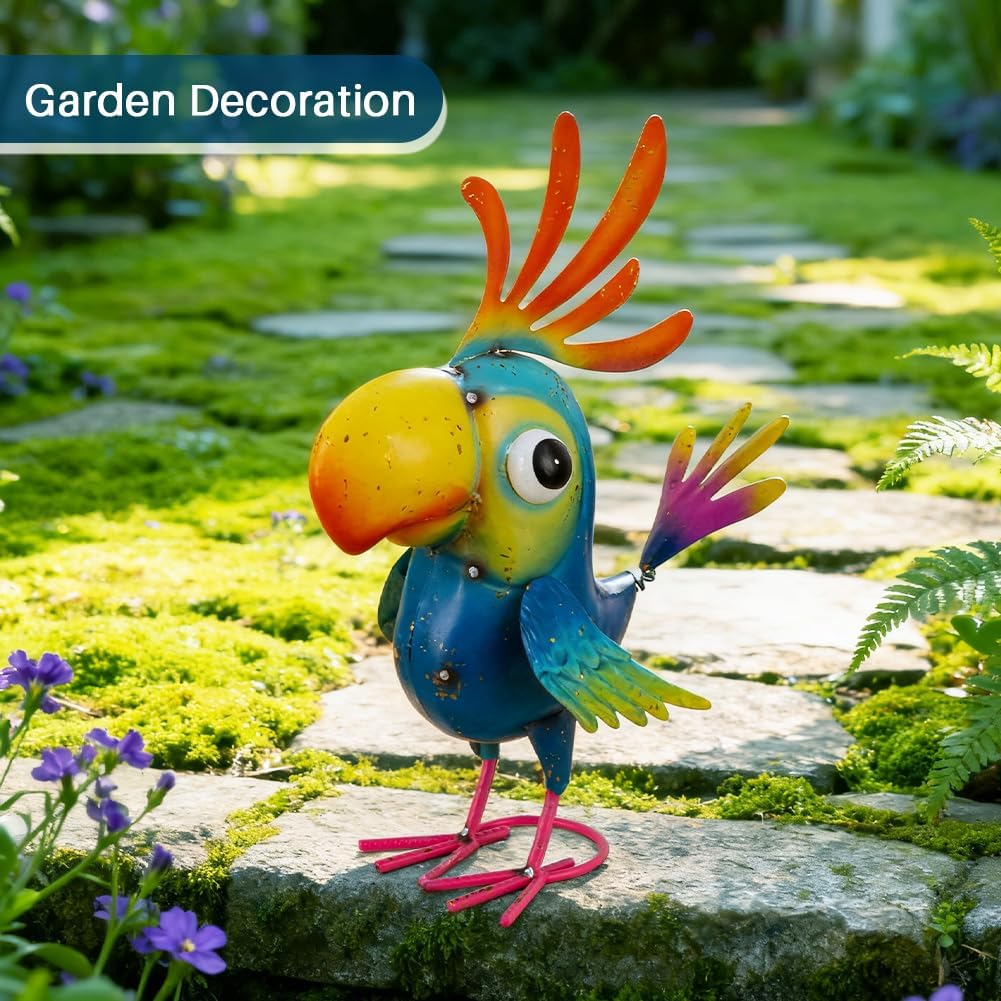 Metal Parrot Statue Outdoor Garden Decor,15" Bird Decor Yard Statue Decorations Outdoor,Funny Parrot Sculpture for Patio, Lawn, Backyard