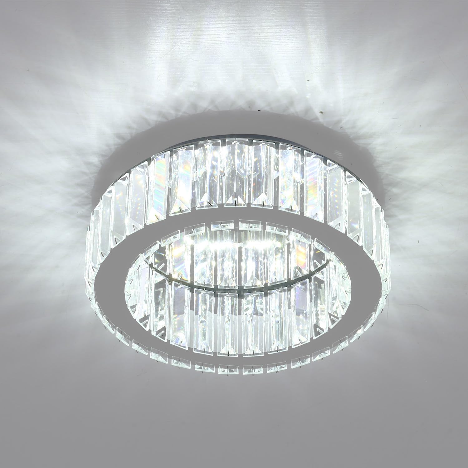 Kinhoou Modern Crystal Chandelier Ceiling Lights,24W Small Round LED Crystal Ceiling Lamp with Stainless Steel Base Flush Mount Chandeliers Lighting Fixtures Bedroom Dining Room, 6500K