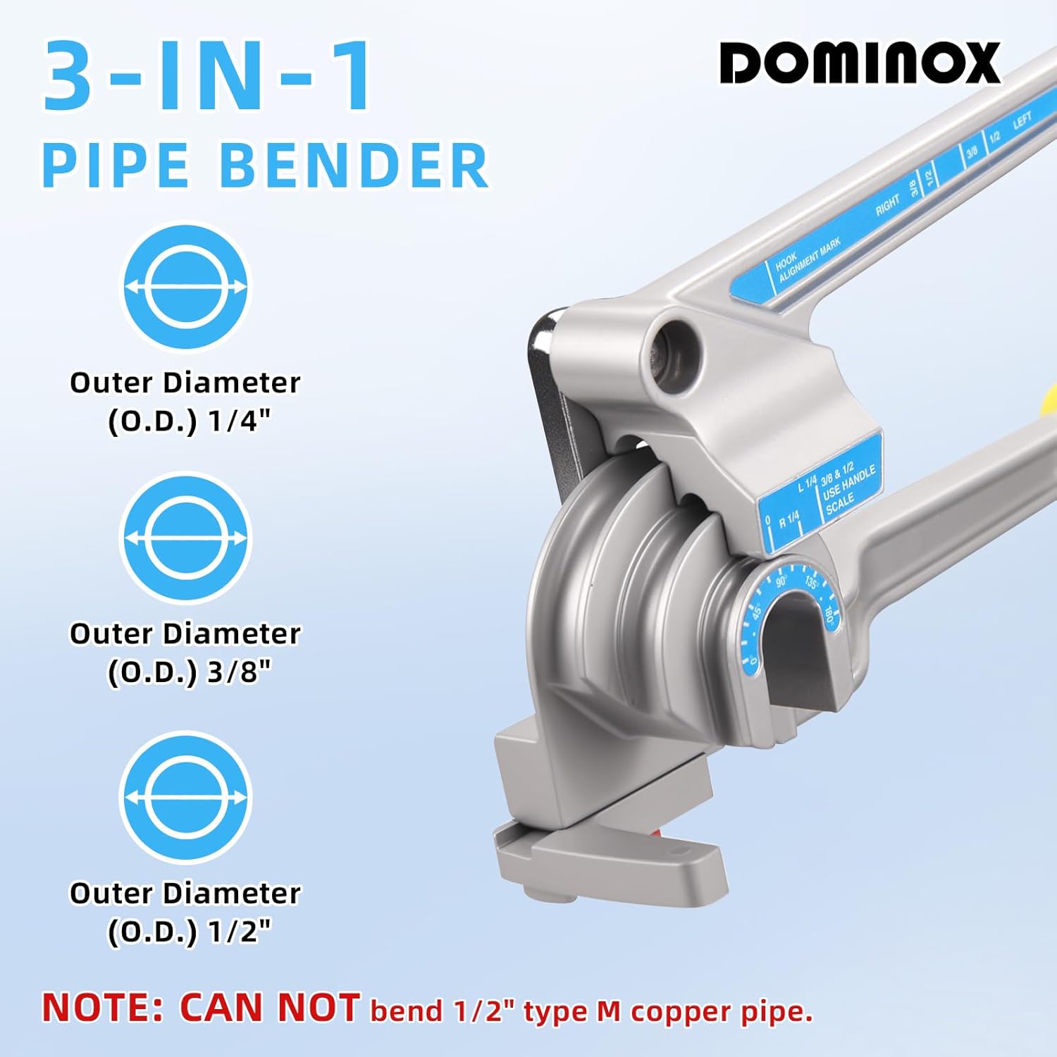 DOMINOX 3-IN-1 Tube Bender, Outer Diameter 1/4", 3/8", 1/2", 0-180° Manual Pipe Bender Tool, for Aluminum, Brass, Copper and Thin Steel Pipes