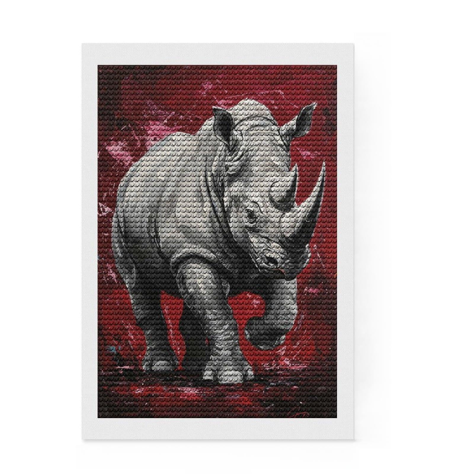 Junmoney Rhino Painting on Red Background DIY Diamond Art Canvas Kit 8"x12", Bedroom Decor, for Craft Lovers, Full Kit Included, Thoughtful Handmade Gift