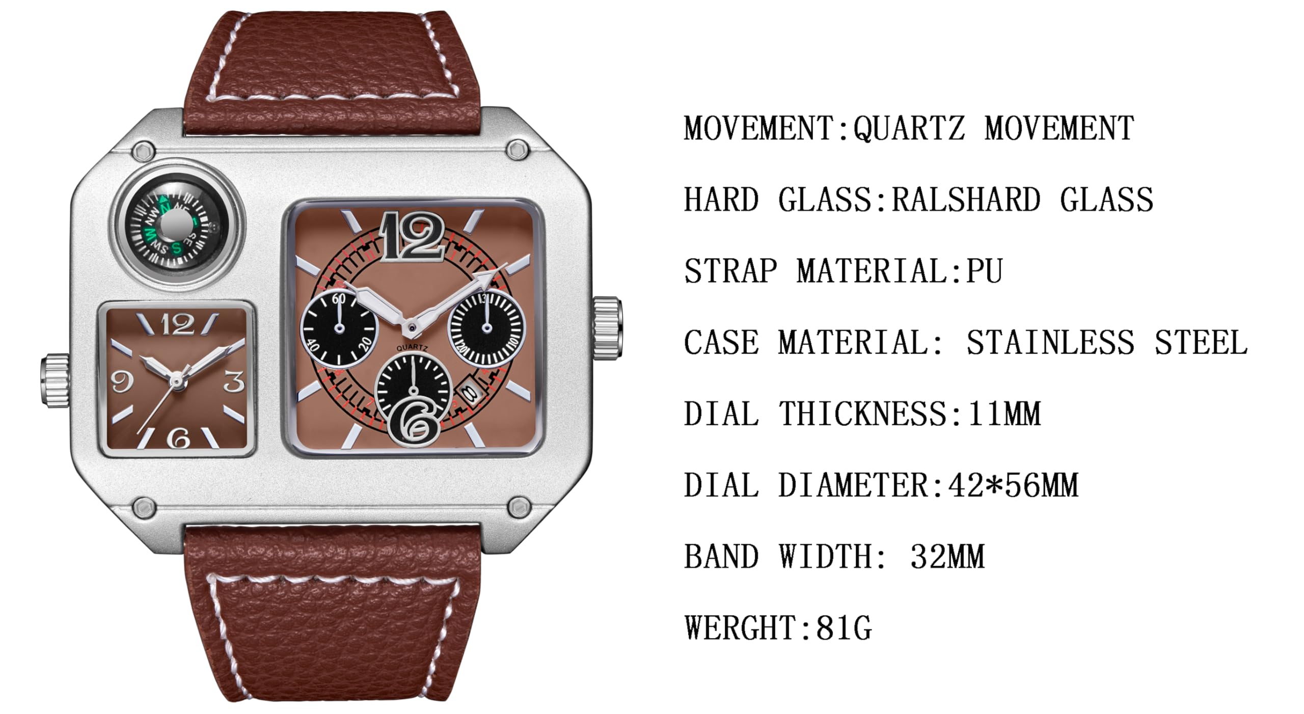 Reginald Orologio da uomo con doppio fuso orario, quadrato, con bussola decorativa, grande, analogico, al quarzo, con cinturino in pelle PU, stile casual e alla moda