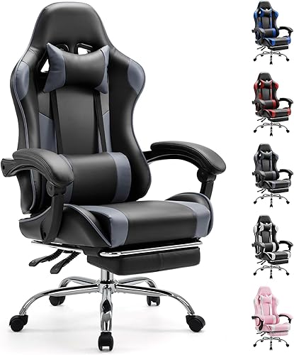 Sweetcrispy Silla de escritorio de videojuegos para computadora, soporte lumbar ergonómico y cómodo con reposapiés, reclinable de piel sintética con