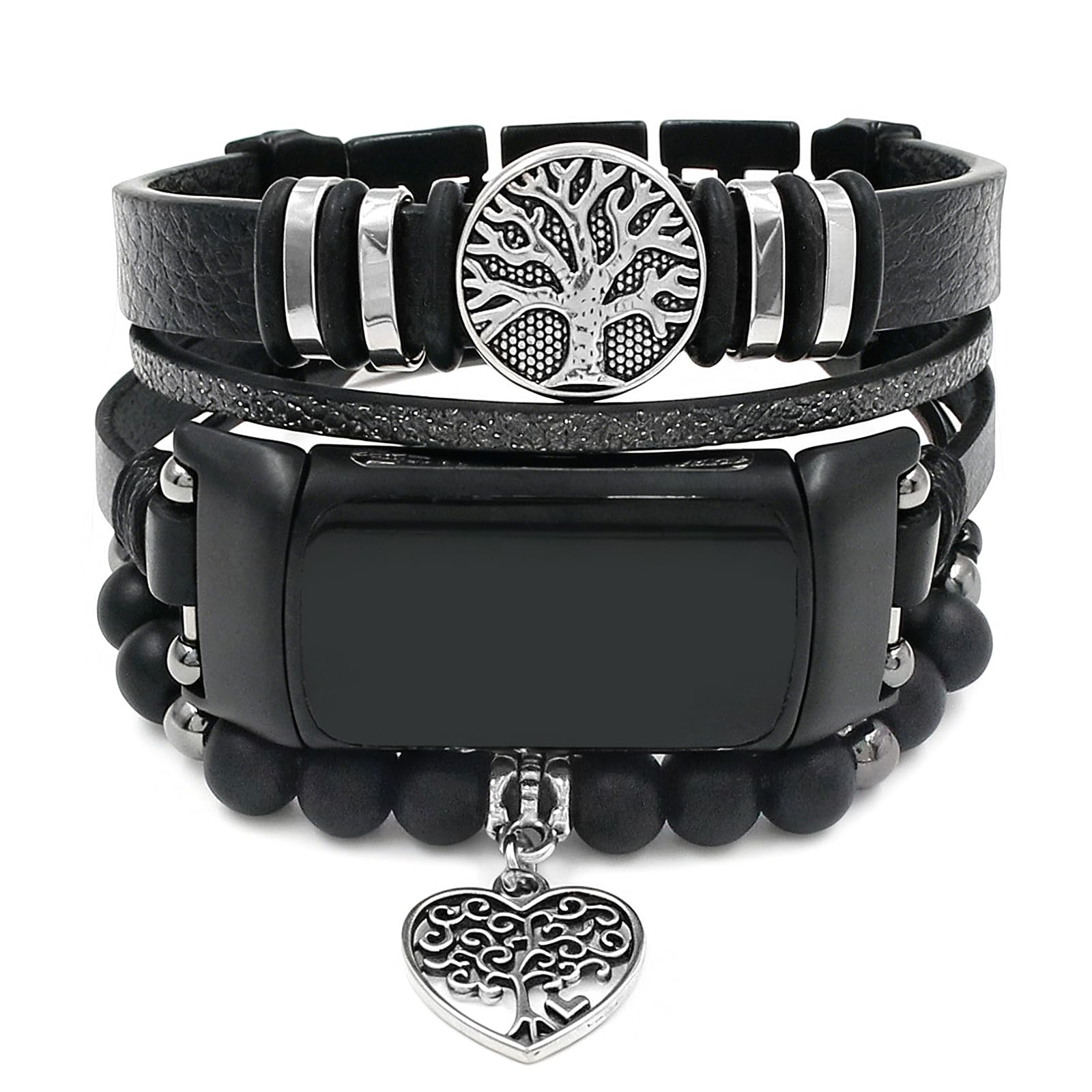 YOSWAN Boho Bracelet Compatible with Fitbit Charge 6 Bands/Charge 5 Bands for Women Men, Dressy Beaded Handmade Multilayer Wrap Leather Strap for Fitbit Charge 5/6 Watch (Black/Tree of Life)