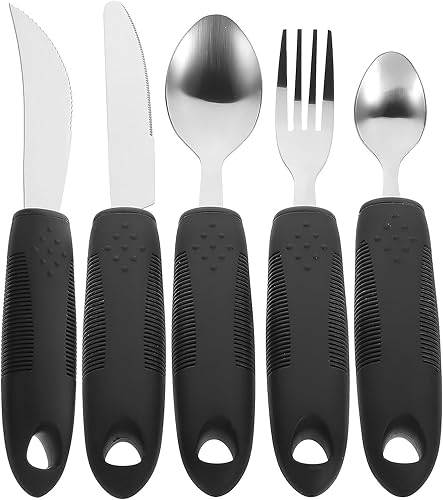 Miniatura 7 de Utensilios adaptativos con peso para ancianos, artritis, agarre débil, discapacitados, tenedor de acero inoxidable, cuchillo, juego de cucharas,