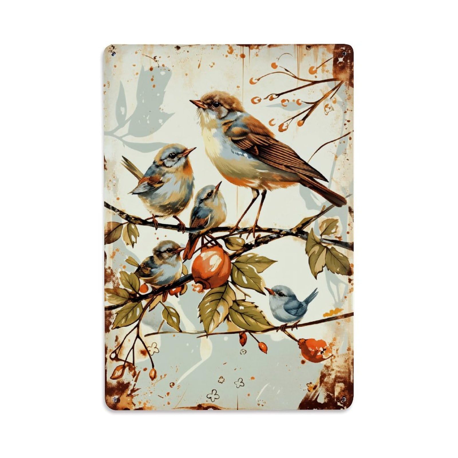 Jdyaojiesheng Vintage Birds On Branch With Fruit Tin Sign Retro Metal Wall Decor Metal Poster, Home Bar Garage Farmhouse Cafe Wall Art Decoration 8X12inches
