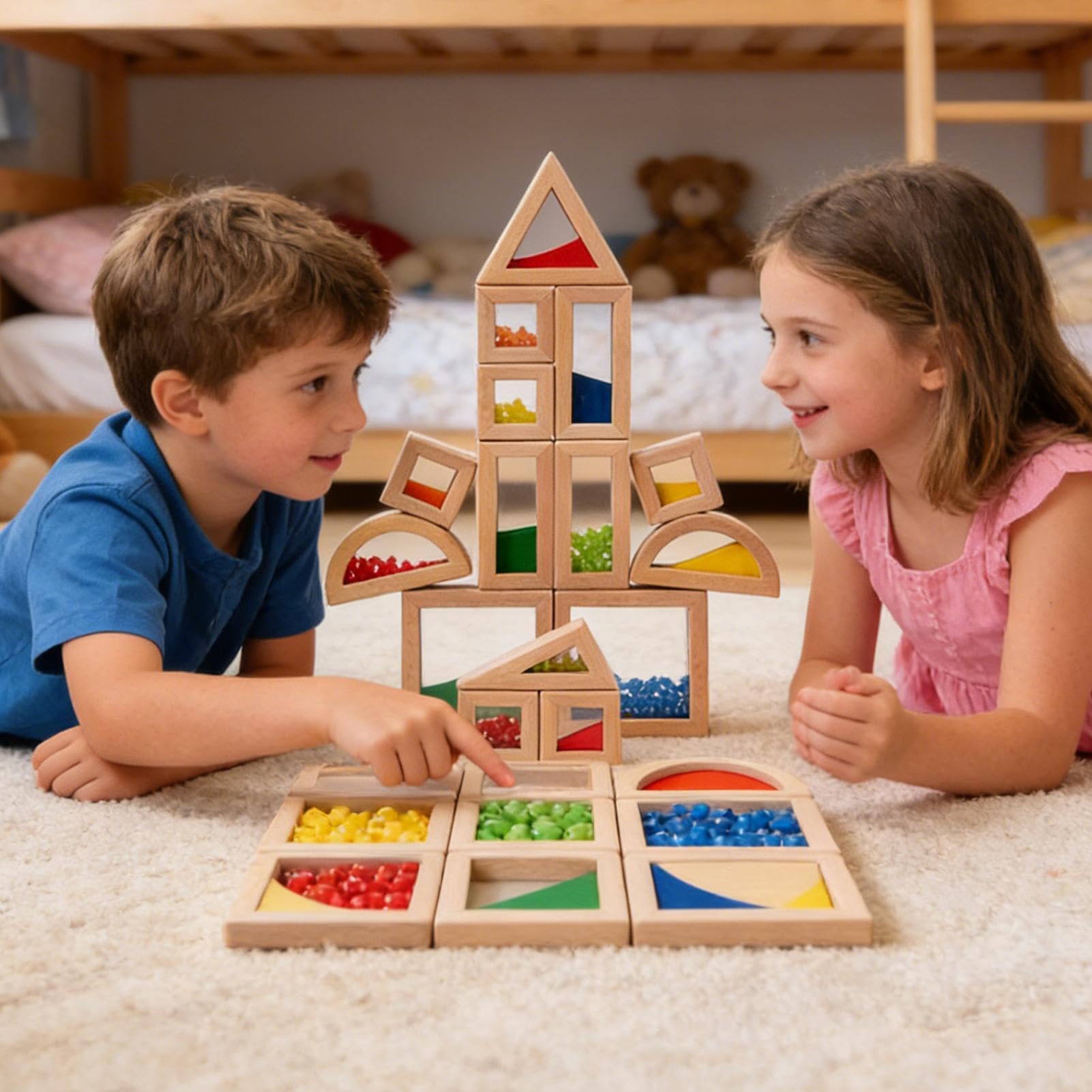 Generico Set di di legno sensoriali da 15 pezzi: giocattoli da costruzione in acrilico per giochi di apprendimento e impilamento dei bambini