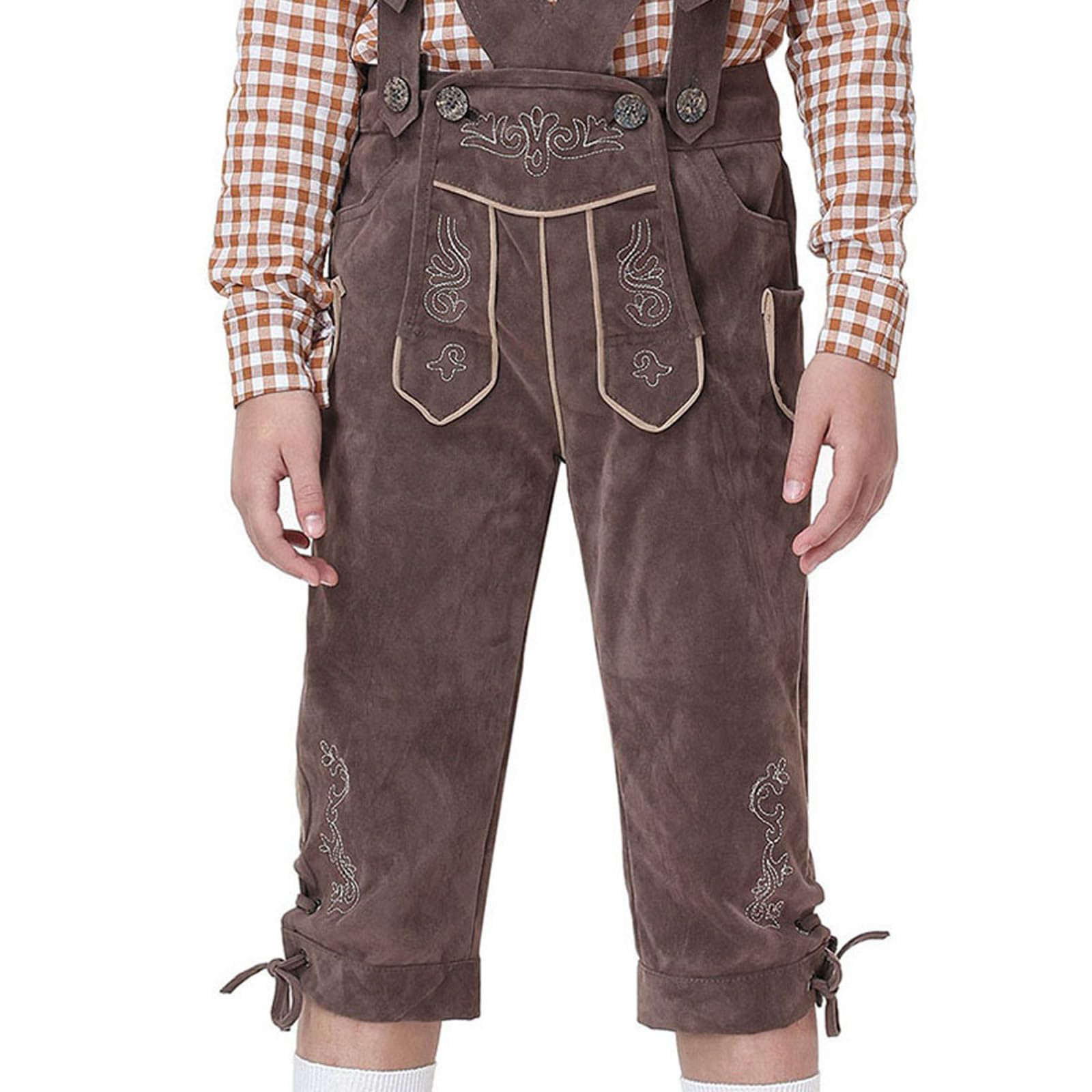 Trachten Lederhose Kinder Kniebund Trachtenhose mit Hosenträger Bestickt Kinderlederhose Lederhosen für Oktoberfest Wiesn und weitere Feierlichkeiten Bayrische Tracht Trachtenlederhosen