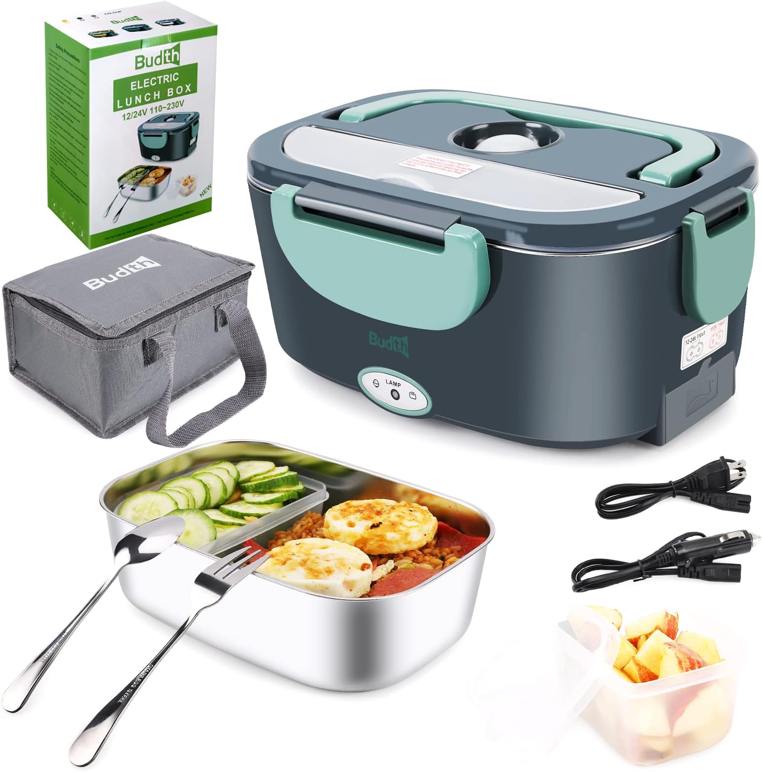 80W Electric Lunch Box, Portable Food Warmer for Car Truck Office Construction Site, 12V 24V 110-230V Adapter, Leak Proof, 304 Stainless Steel Container, SS fork & Spoon and Carry Bag (Green)