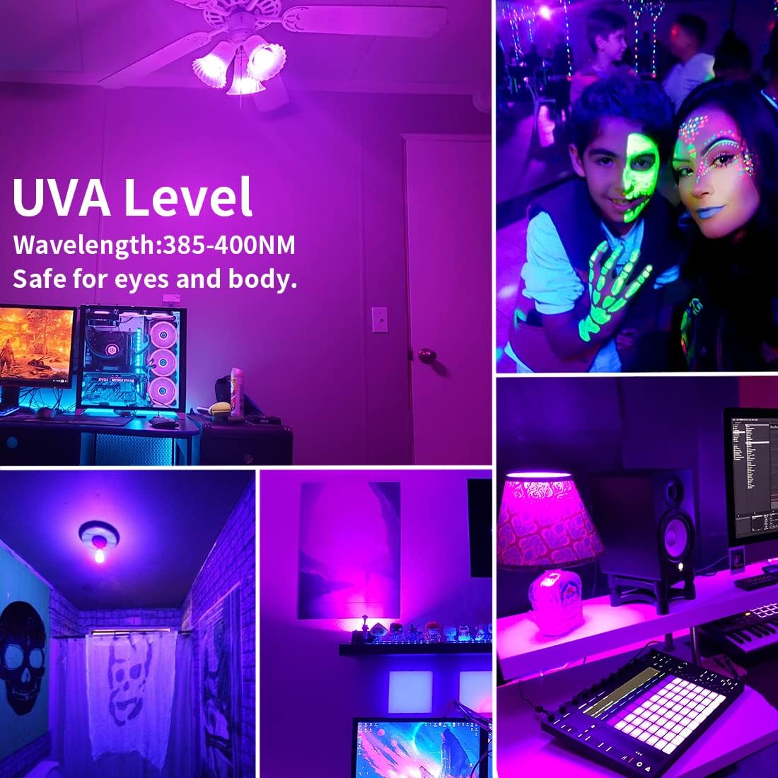 Collage of images showing the ISUERFY black light in various indoor settings, illustrating its UVA level and safe use.