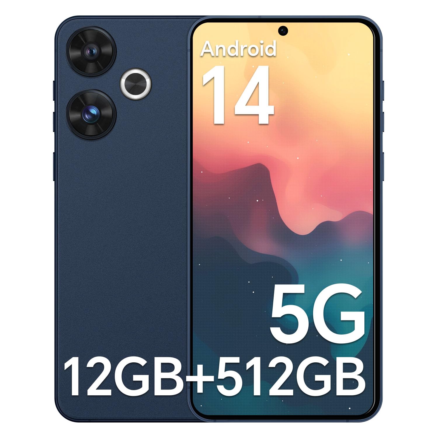 Unlocked Phones K19, Android 14 Cell Phones, 5G Dual SIM Smartphone, 12GB+512GB, 6.8'' HD Screen, 108MP+48MP Camera, 5000mAh Battery, Face ID/WiFi/Bluetooth
