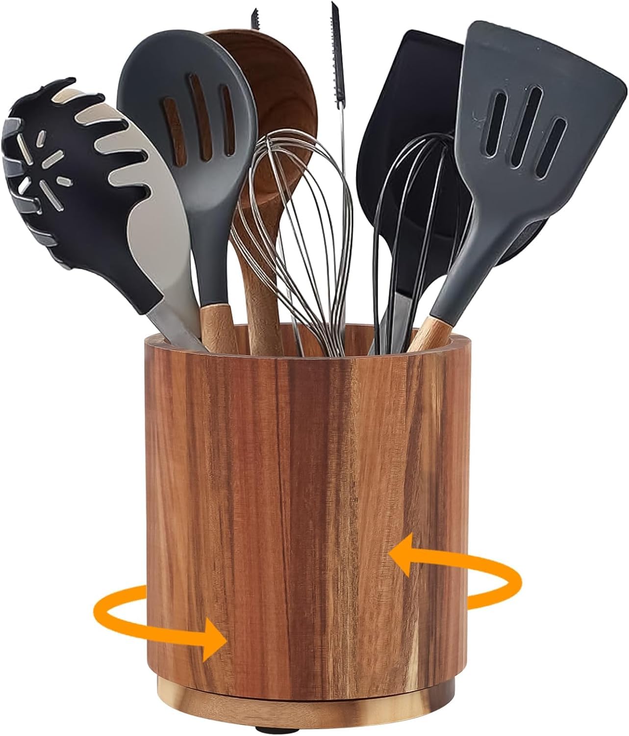 JORCEDI Acacia Wooden Utensil Holder,360° Rotating, Large Countertop Organizer,Farmhouse Utensil Crocks Organiser Cutlery Caddy,Cooking Tools Storage for Spoons, Cooking Tools, etc.