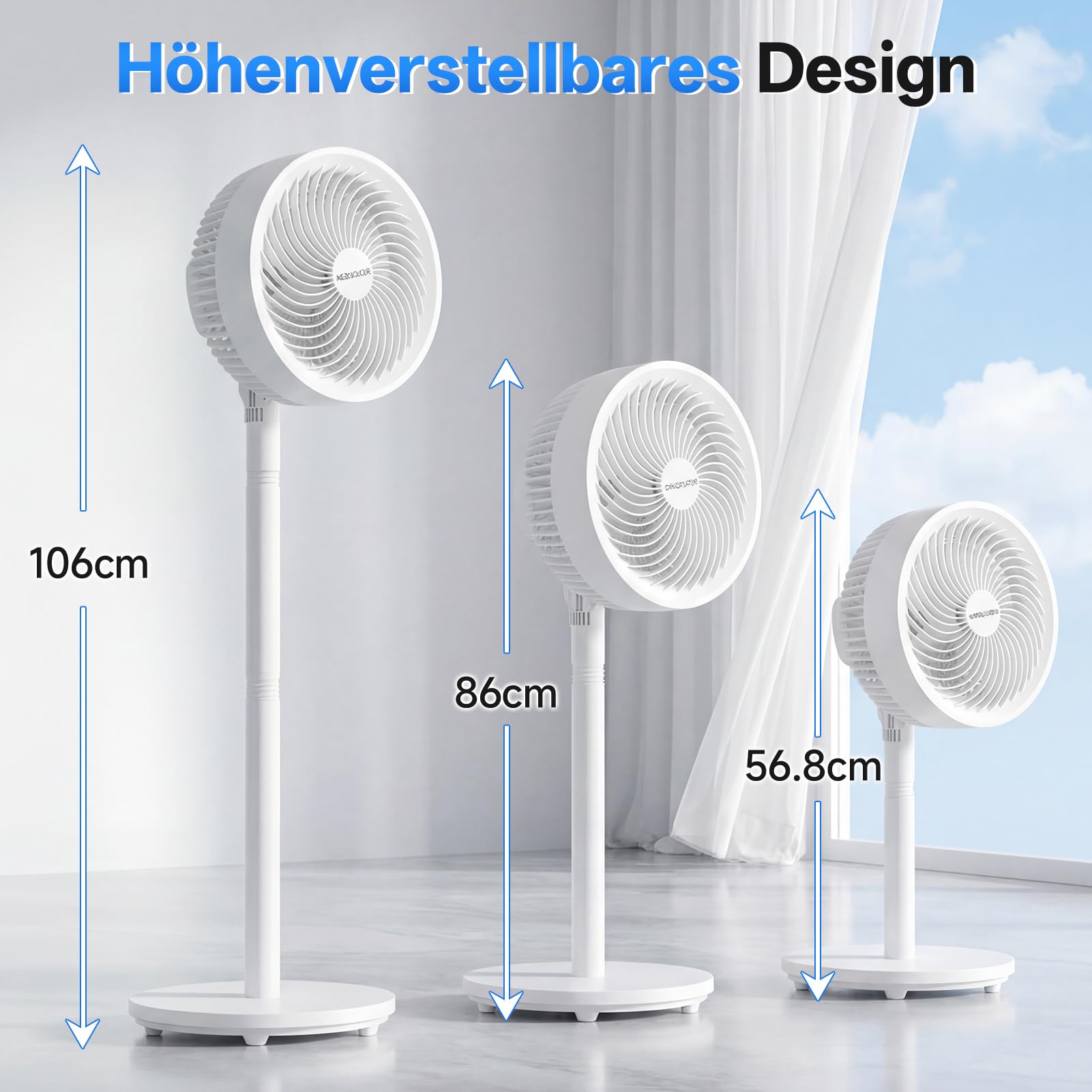 WOWDSGN Standventilator 2-in-1 Stand- & Tischventilator, 3 Geschwindigkeitsstufen, 36,8–106cm höhenverstellbar, 38W Kraftvoller 5-Blatt Lüfter Ventilator Luftzirkulation für Schlafzimmer