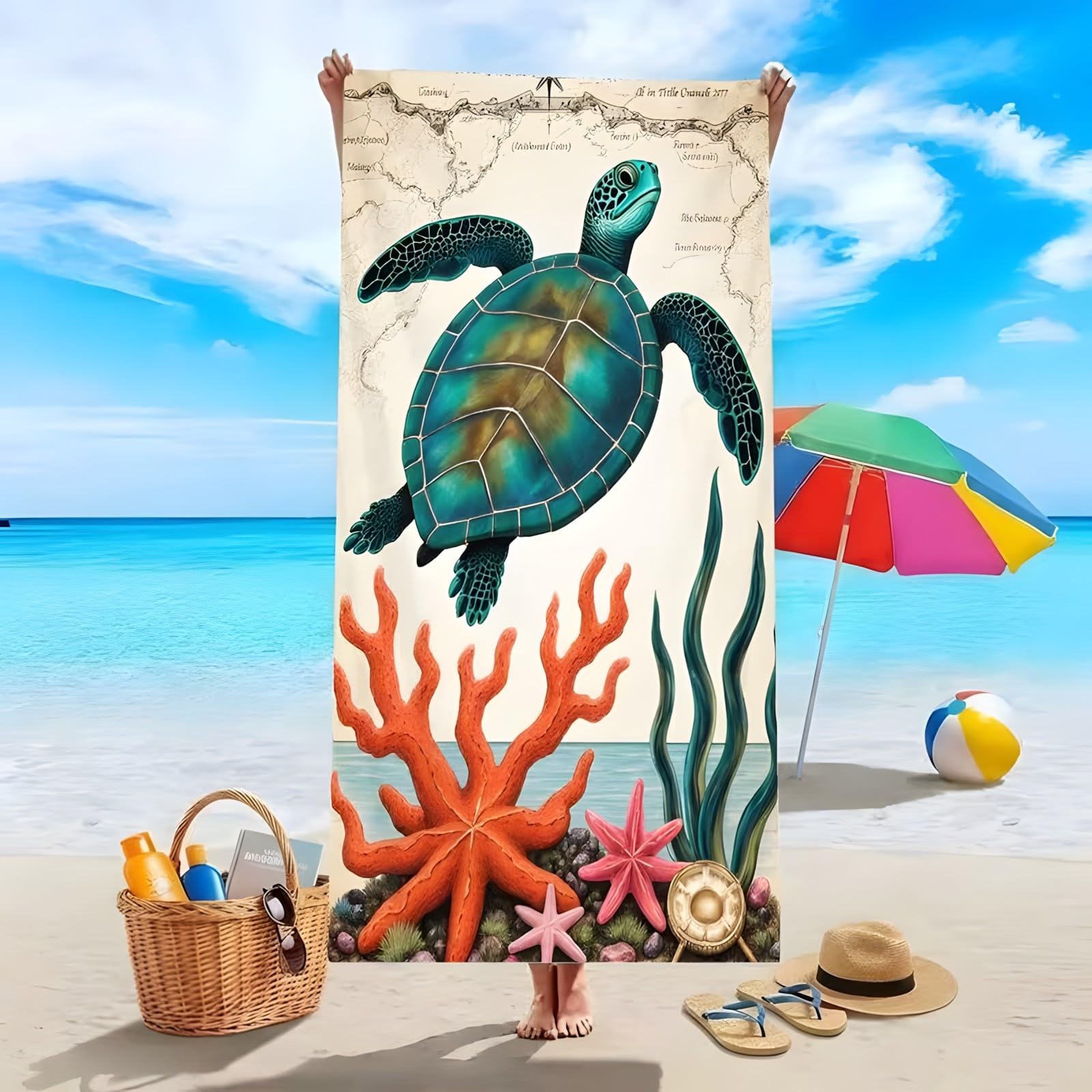 YZQGLHP Sea Turtles Microfibre Beach Towel Seaweed Beach Bath Towel Quick Drying, Lightweight, Sand-Free, Durable, for Pool, Gym, Camping, Travel Towel 70x130cm