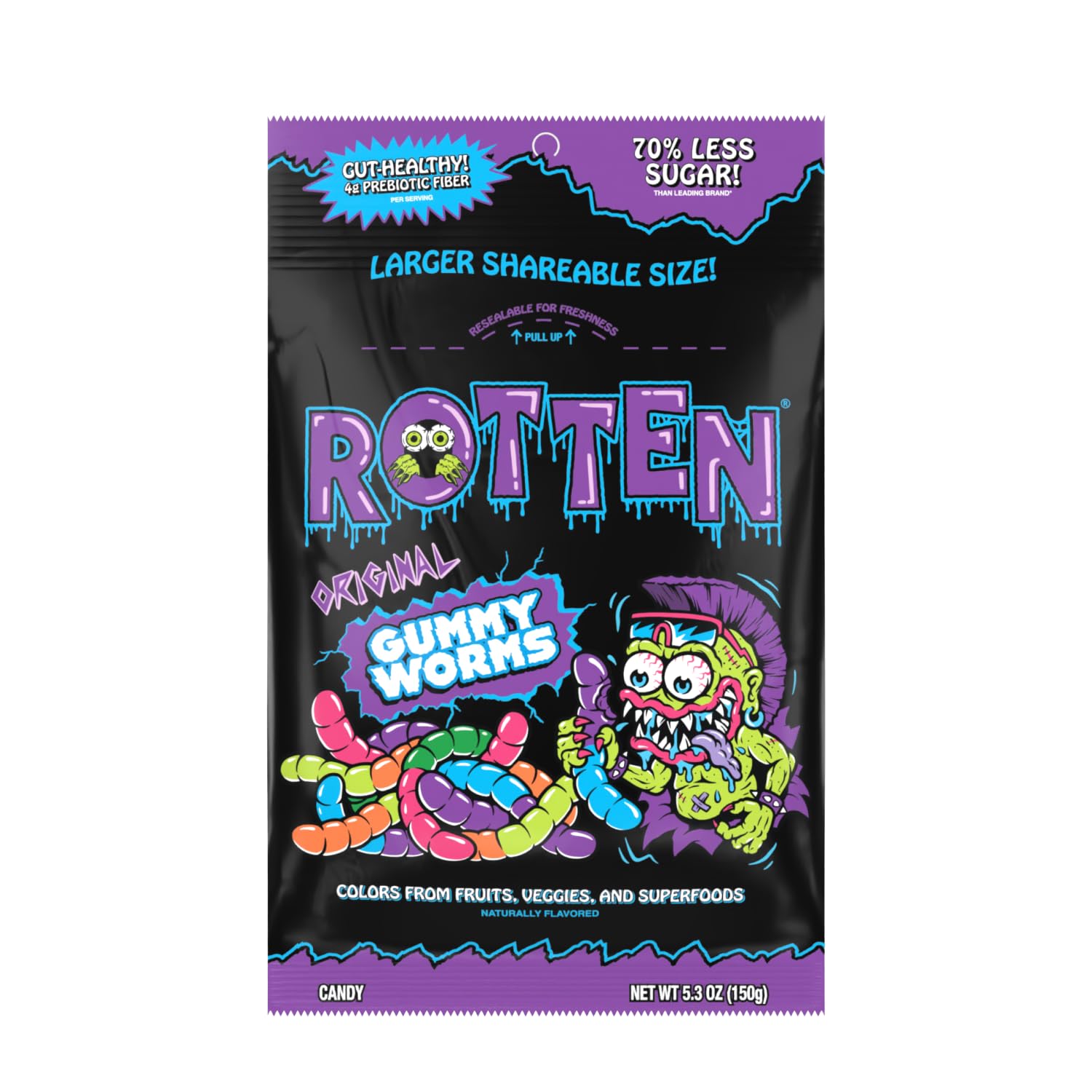 Rotten Original Gummy Worms - Low Sugar, Low Calorie, 7g Gut-Friendly Prebiotic Fiber and 3g Protein, Gluten Free Candy - 5.3 oz Share Pack