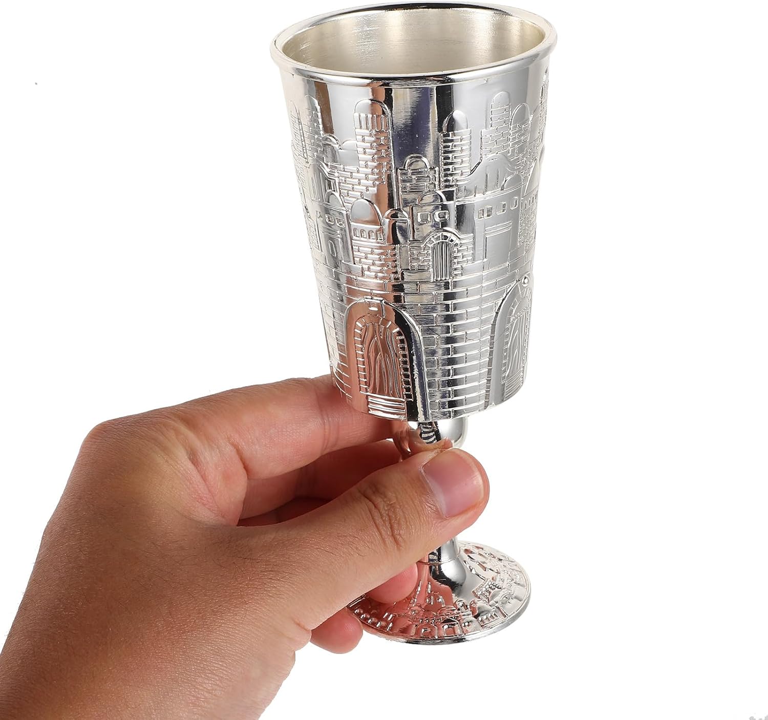LUOZZY Vintage Kiddush Cup on Base Stainless Steel Tall Goblet Wine Cup with Matching Tray for Judaica Shabbos and Holiday Gift - Silver