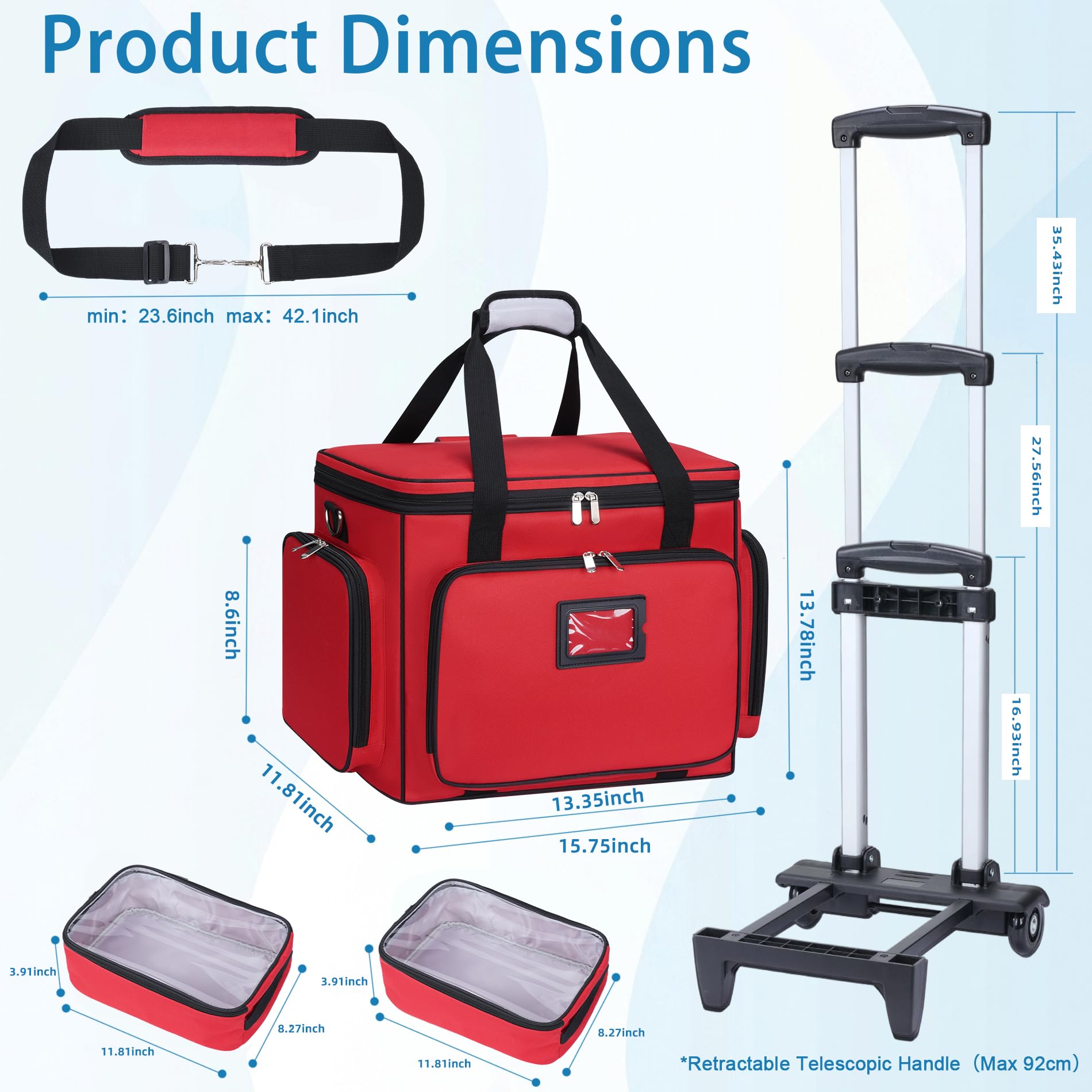 Borsa medica arrotolabile con carrello staccabile, borsa da infermiera con divisori rimovibili e sacchetti di stoccaggio, borsa per primo soccorso vuota per infermieri, medici, ambulatori, rossa