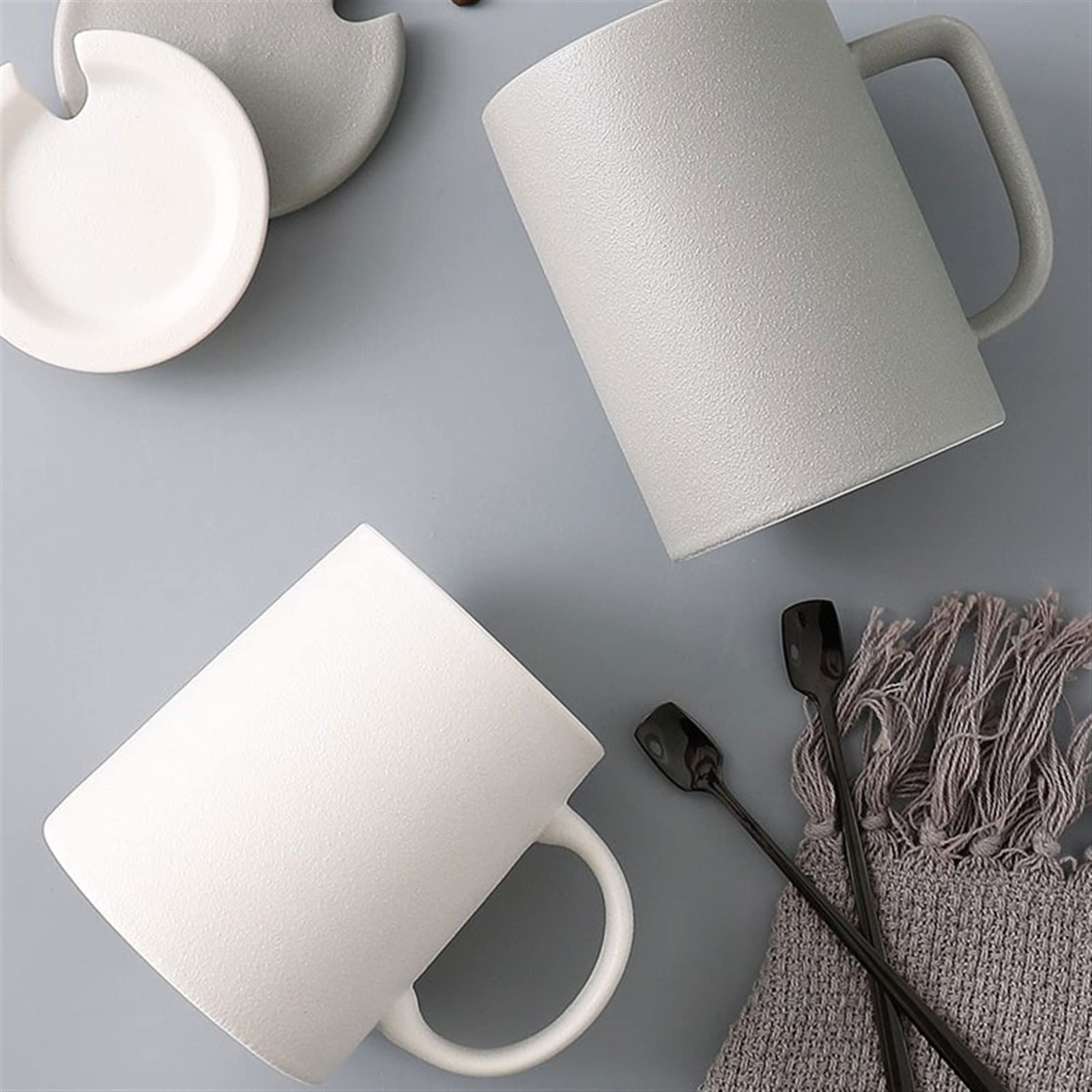 Keramik-Kaffeetasse, 350 ml/440 ml, europäische mattierte Keramiktasse mit Deckel, Löffel, grobe Keramik, Retro-Frühstück, Haferflocken-Tasse (D)