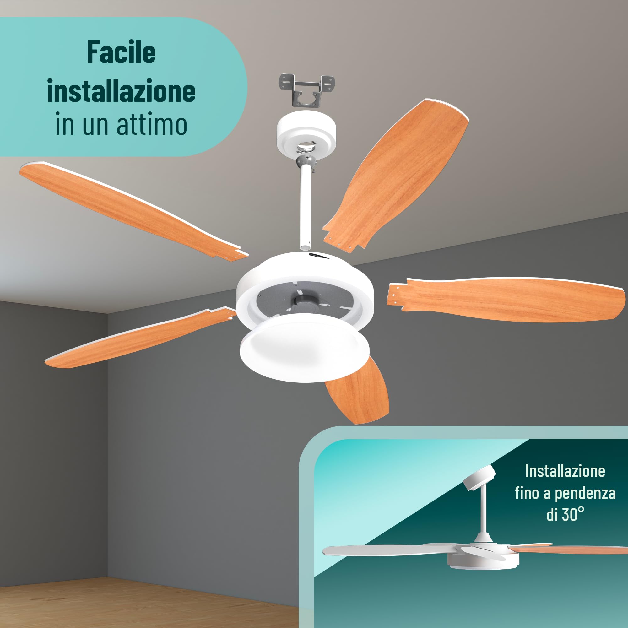 Noaton® Maia Ventilatore da soffitto con illuminazione, bianco/acero, diametro 132 cm, motore DC 41 W, LED 24 W, telecomando, portata d'aria fino a 198 m3/min, asta di prolunga 15/25 cm
